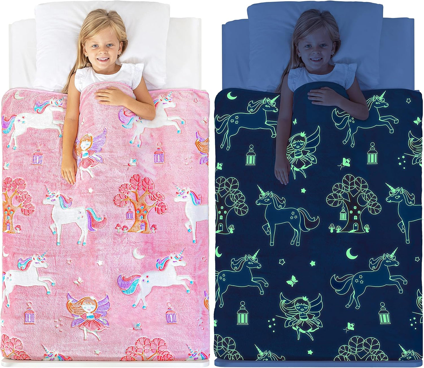 Glow in The Dark Unicorn Blanket for Girls – Soft Pink Fleece Throw. Great Christmas, Birthday, Baby, Toddler Unicorn Gifts for Girls, Fairy, Butterfly, Stars. Bright Long-Last Glow