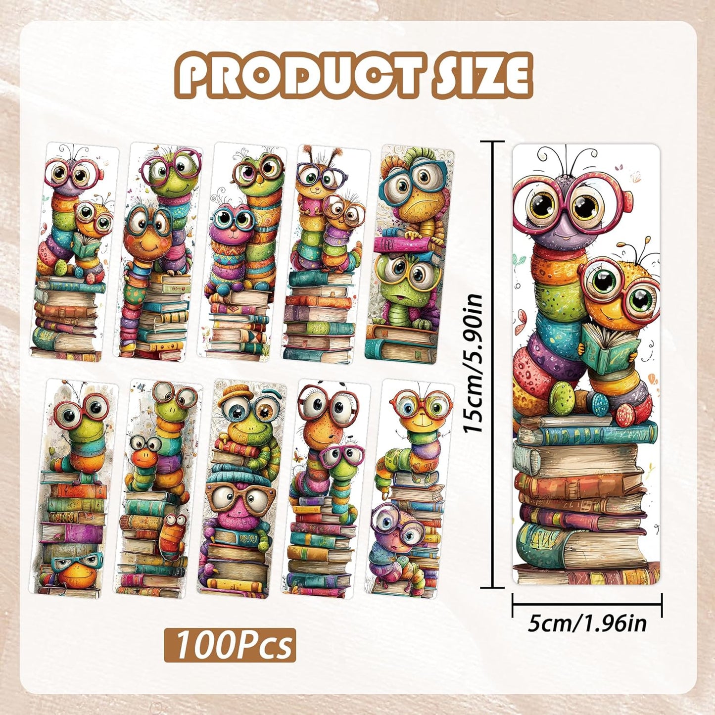 100 Pcs Cute Bookworm Bookmarks, Funny Insect Book Marks for Reading Students, Paper Bookmark Bulk, Christmas Birthday Gifts for Readers Book Lovers
