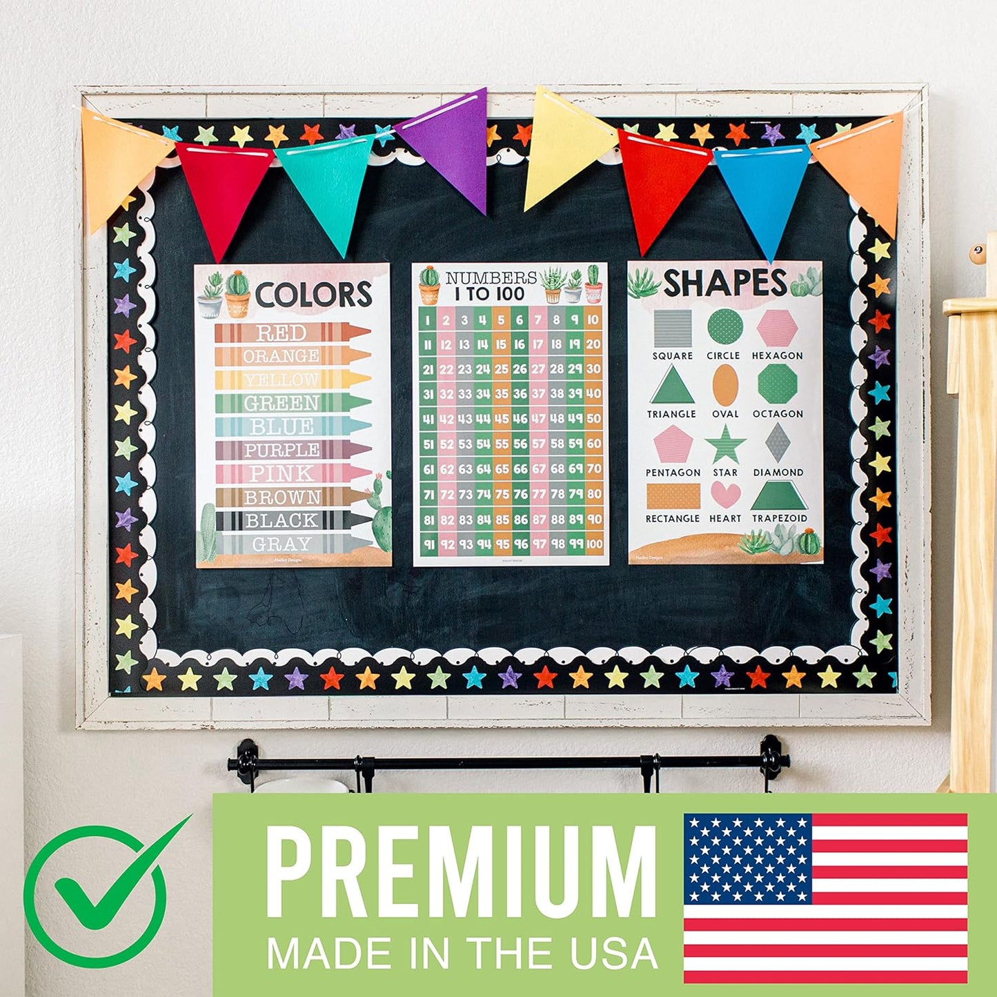 Hadley Designs ABC Posters For Classroom Wall - Shapes, 1-100 Number Chart, Color & Alphabet Learning Posters For Toddlers 1-3, PreK, Kindergarten & Homeschool, Laminated Cactus Classroom Poster