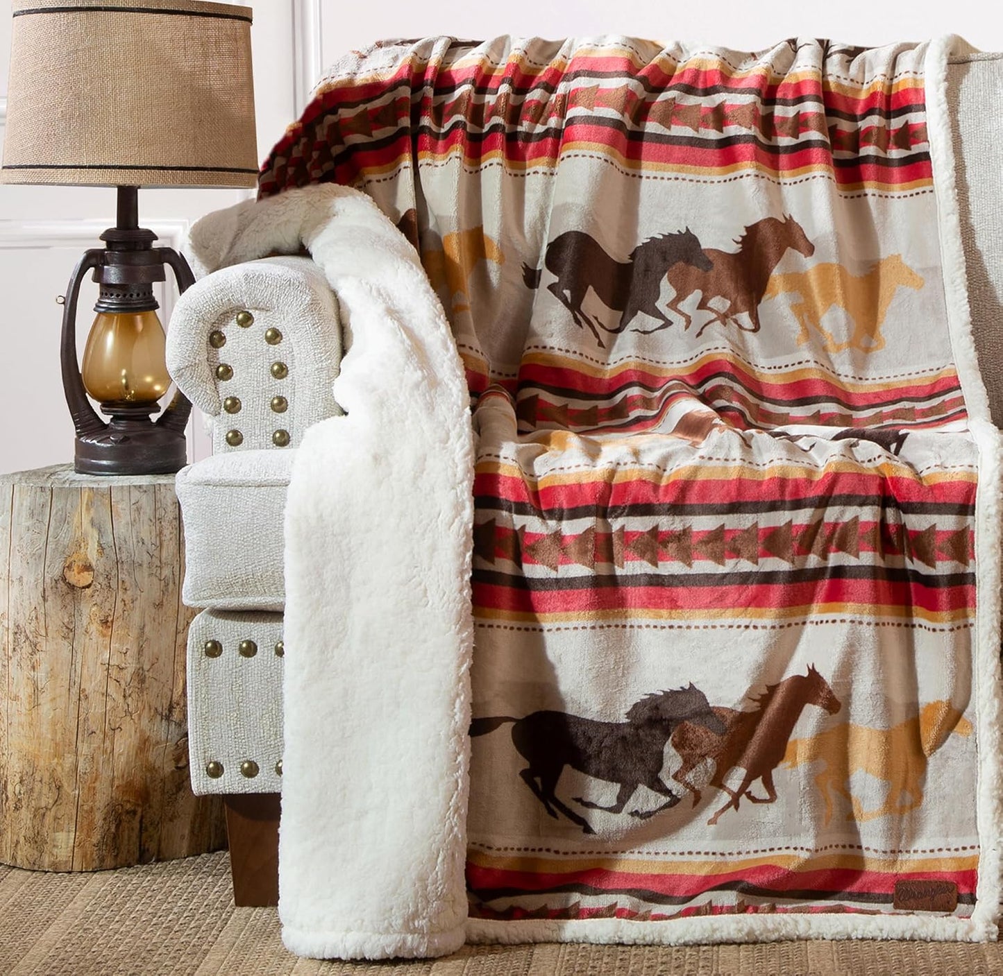 CARSTENS, INC. Wrangler Ultra Premium Super Soft Plush Sherpa Fleece Oversized Throw Blanket 54" x 68", Running Horses