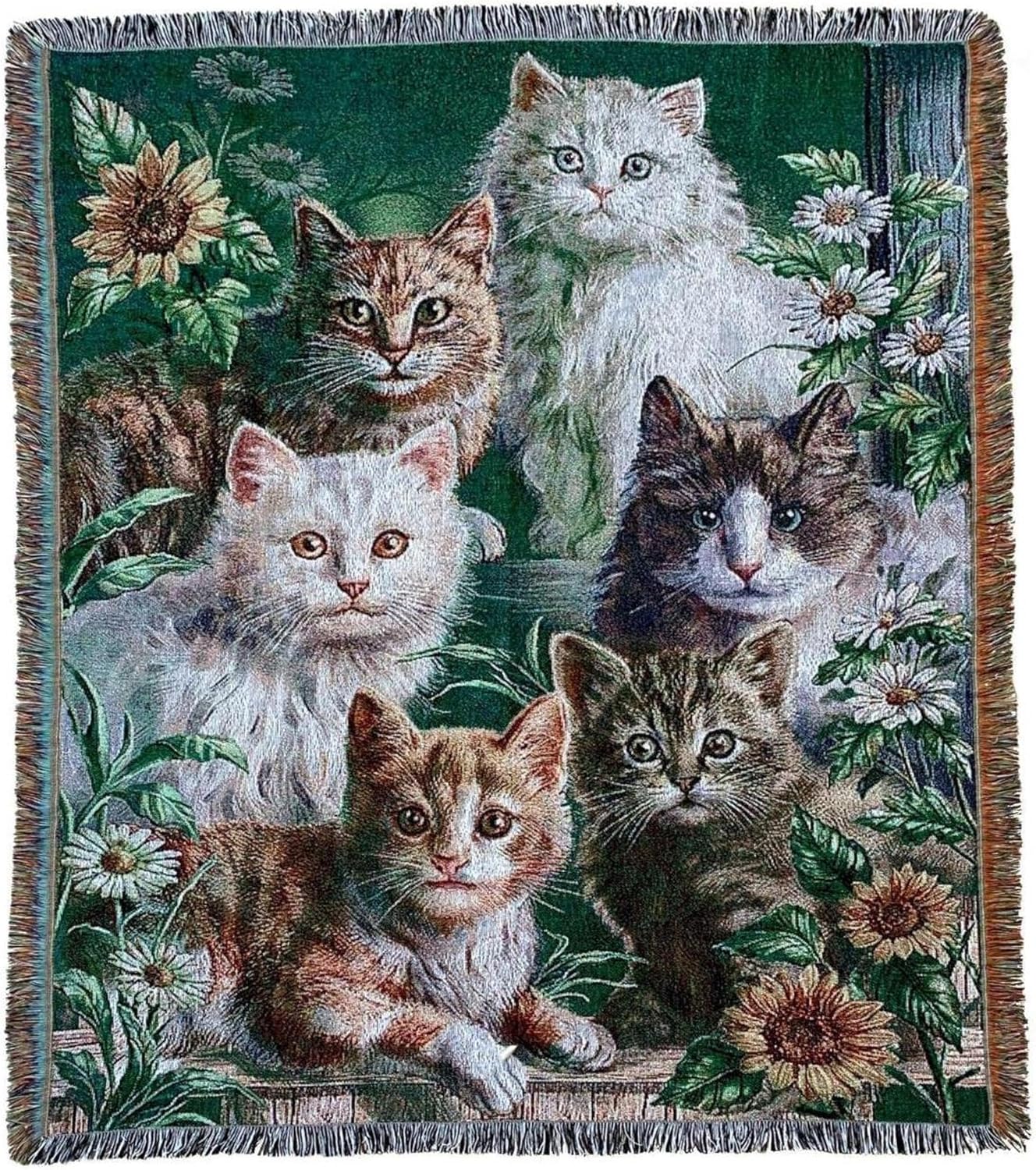 Garden Cat Flower Woven Tapestry Throw Blanket Wall Hanging Art Handicrafts Jacquard Multipurpose Soft Travel Mat Outdoor with Fringe Tassels 50 X 60 Inches