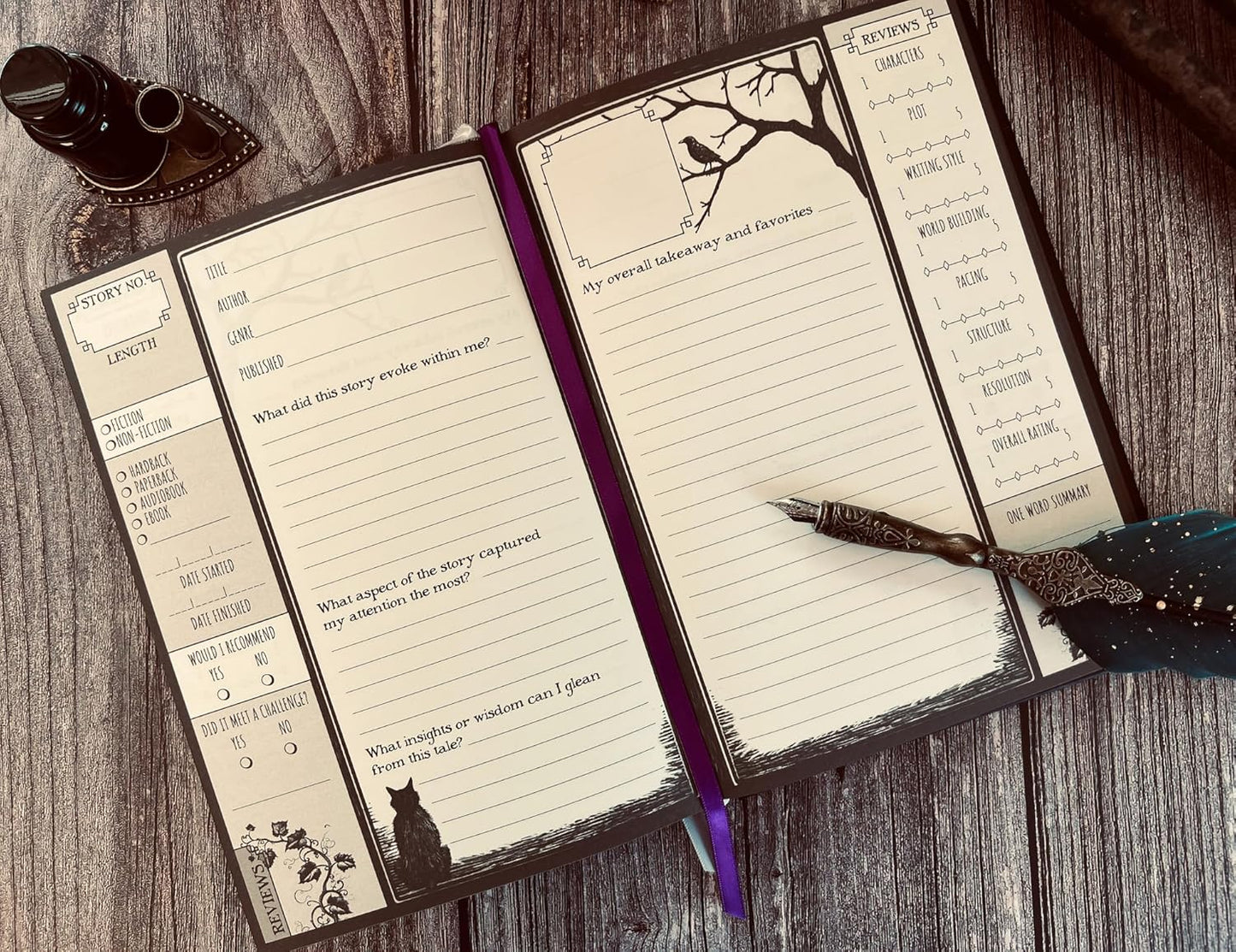 Conquest Journals Waiting for the Night Readers Journal, Gothic Inspired, Journaling for Reading, 150 Pages, 6'' x 8.5'', Lay-Flat Binding, 2 Ribbon Bookmarks & 1 Bookish Sticker Sheet, Gothcore Merch