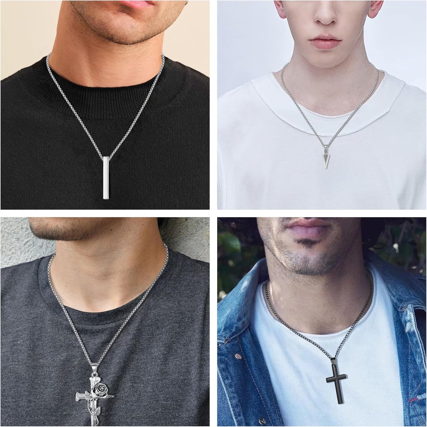 MAIBAOTA 8 Pcs Necklace for Men, Mens Necklaces Jewelry Set, Black and Silver Stainless Steel Necklace, Cross Pendant Necklace, 16-24 inches Chain