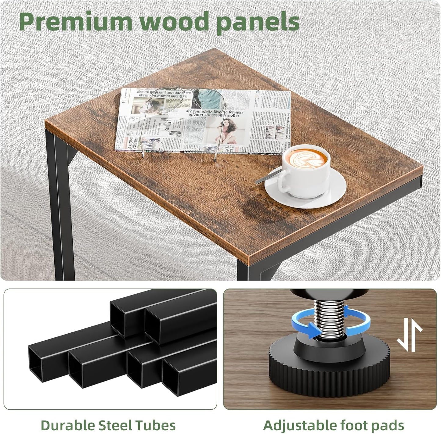 Simple Trending C Shaped End Table, Small Side Table, TV Trays for Couch, Sofa Table for Living Room, Bedside, Rustic Brown