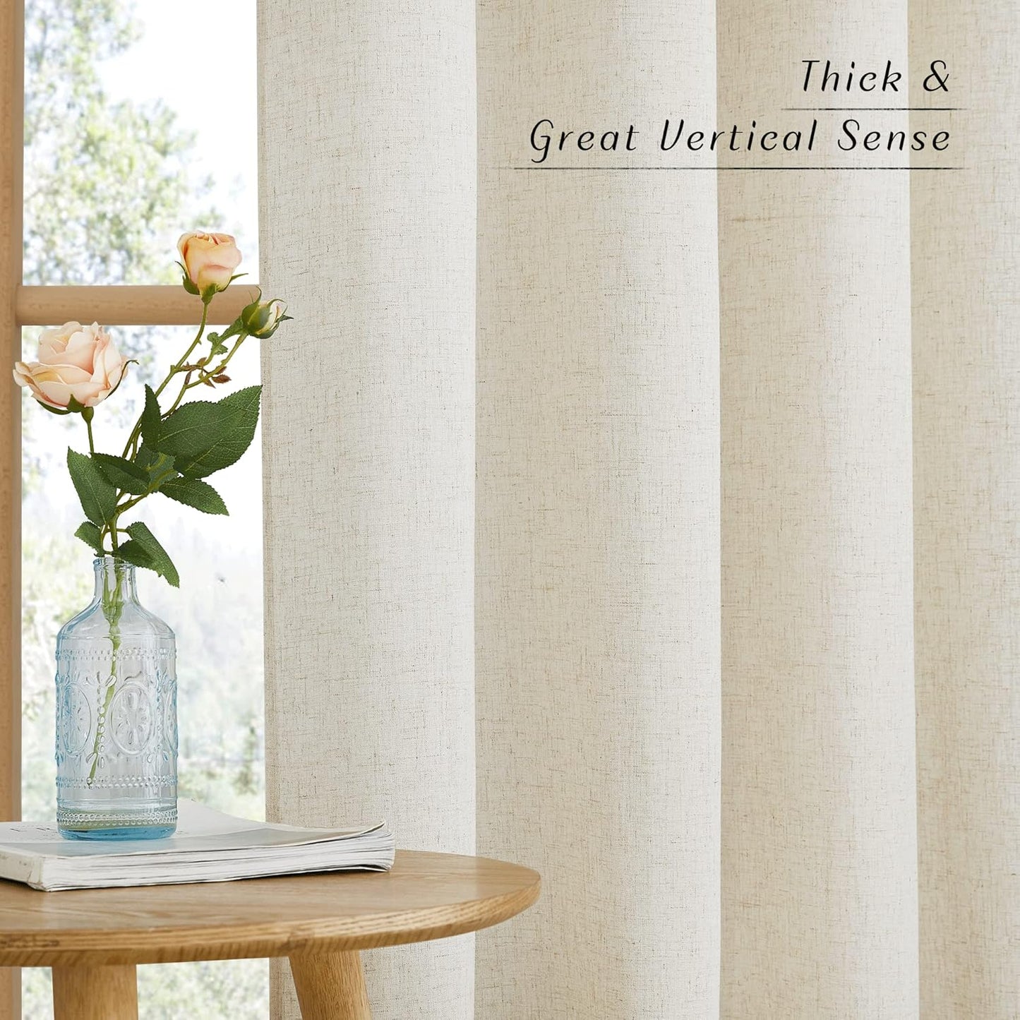 NICETOWN Flax Natural Linen Curtains for Room Divider, Grommet Top Thick Flax Semi Sheer Vertical Drapes Privacy Assured with Light Filtering for Sliding Glass Door, W68 x L84, 2 Pieces
