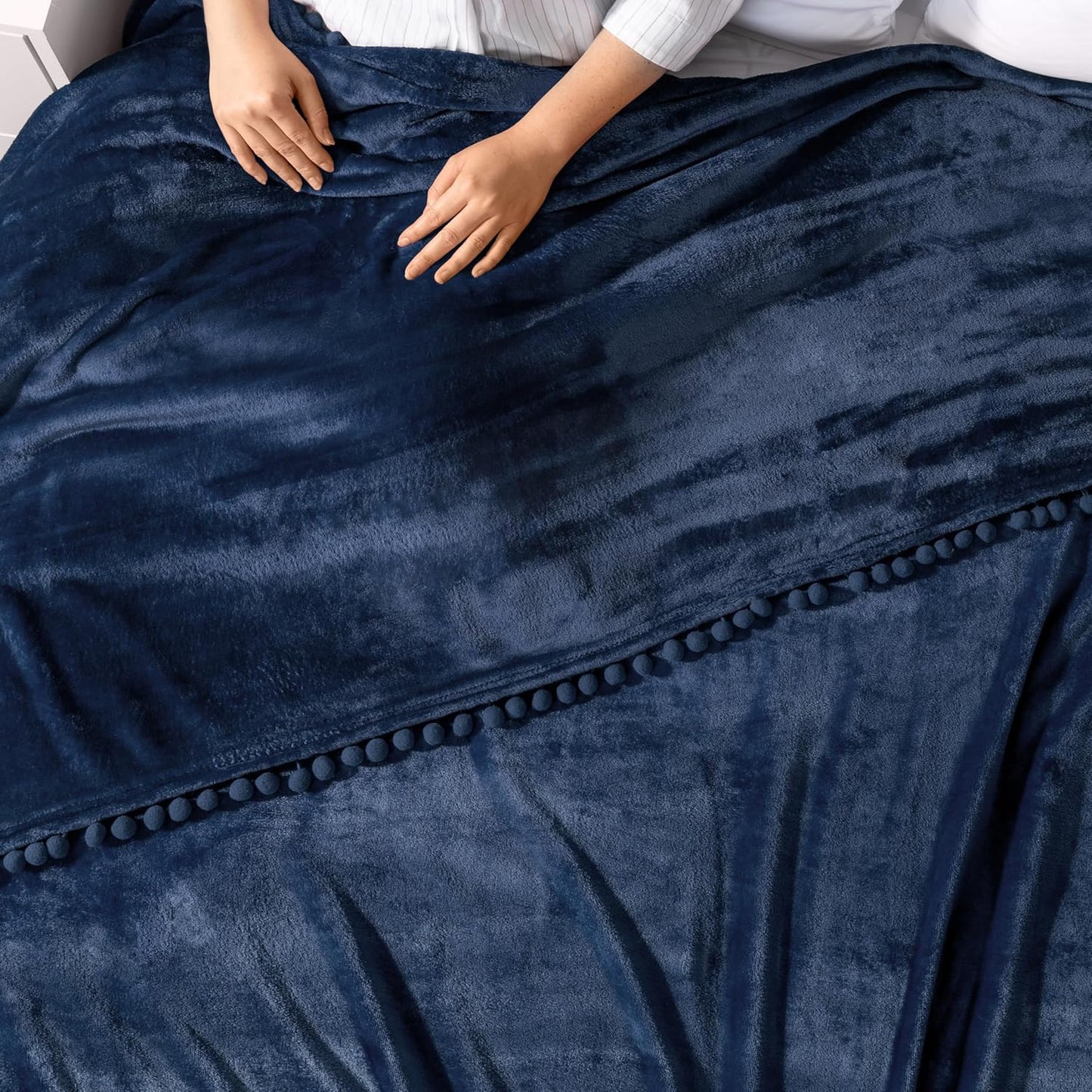 PAVILIA Fleece Throw Blanket for Couch with Pom Pom Fringe, Navy Blue, Soft Cozy Fuzzy Flannel Blanket for Sofa Bed, Large Lightweight Plush All Season Throw, 60x80 Inches