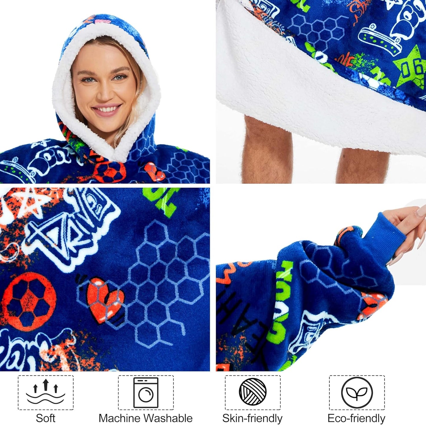 Wearable Blanket Hoodie, Oversized Hoodie Sweatshirt Blanket for Women Men, Warm Gift, Cozy and Fuzzy Sherpa Hoodie Blanket with Giant Pocket and Long Sleeve