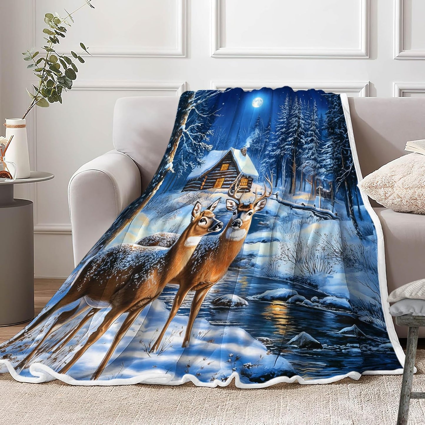 Christmas Throw Blanket, Winter Deer Snow Forest Holiday Theme Blanket for Couch and Bed, Warm Cozy Winter Cabin Throw, Super Soft, 50x60 Inch, Blue
