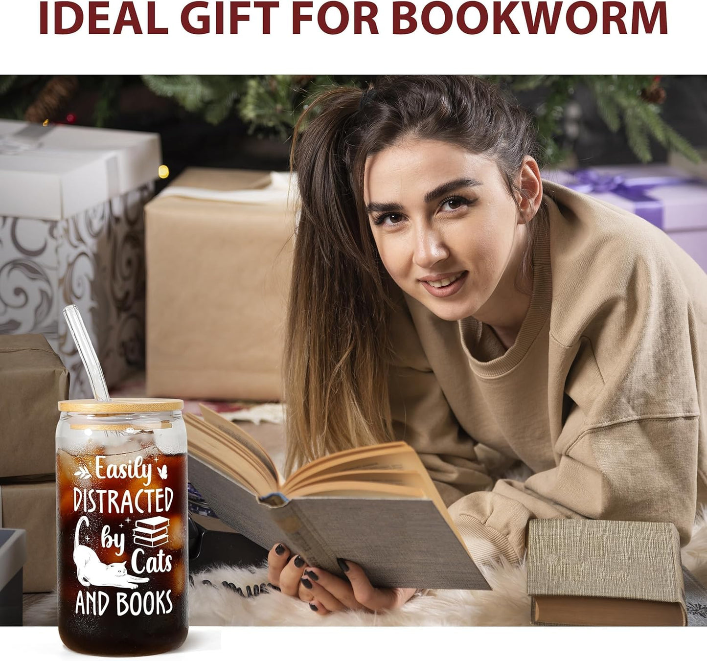 BeneCharm Cat Book Lovers Gifts - 16oz Glass Cups with Lid & Straw for Readers, Bookworm, Cat Lovers - Cute Bookish Present, Coffee Tumbler - Reading Accessories & Book Club Gifts