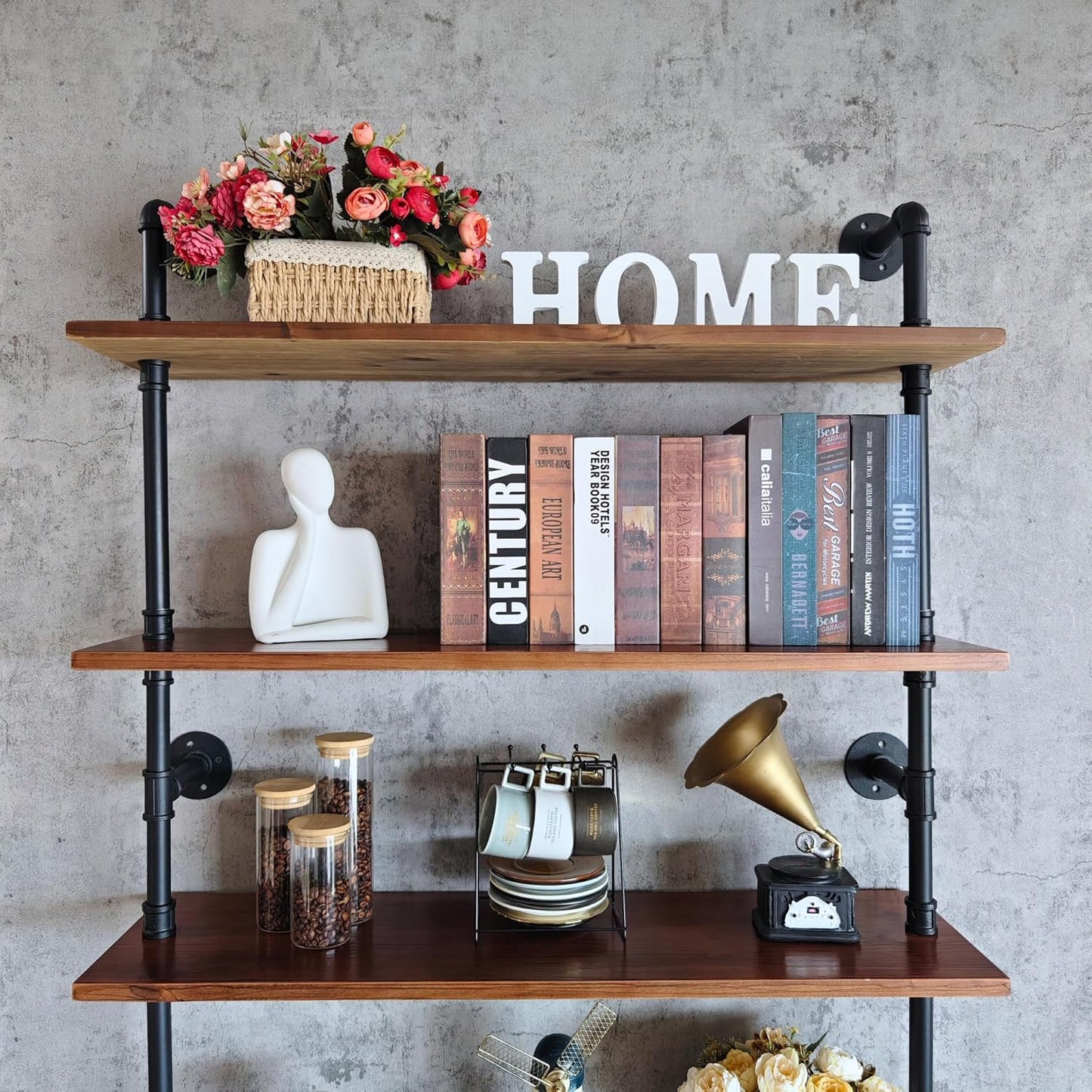 7 Tier Industrial Ladder Shelf Bookcase, Wall Mounted Rustic Bookshelf for Living Room Decor and Storage (Walnut Color, 7 Tier - 10" D x 36" W x 95.5" H)