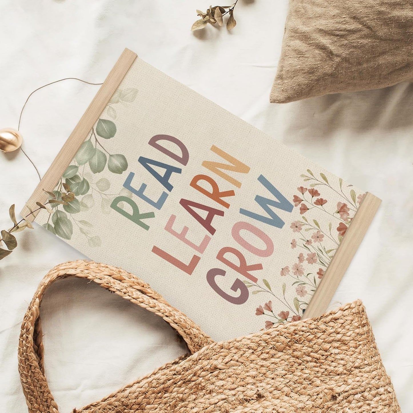 MAQIKA Boho Reading Corner Decor Poster Framed with Wood Hanger Set of 2, Playroom Wall Decor, Read Sign Hanging Wall Decor,Wildflower Nursery Canvas Wall Art Paints for Playroom Classroom 12x16 Inch