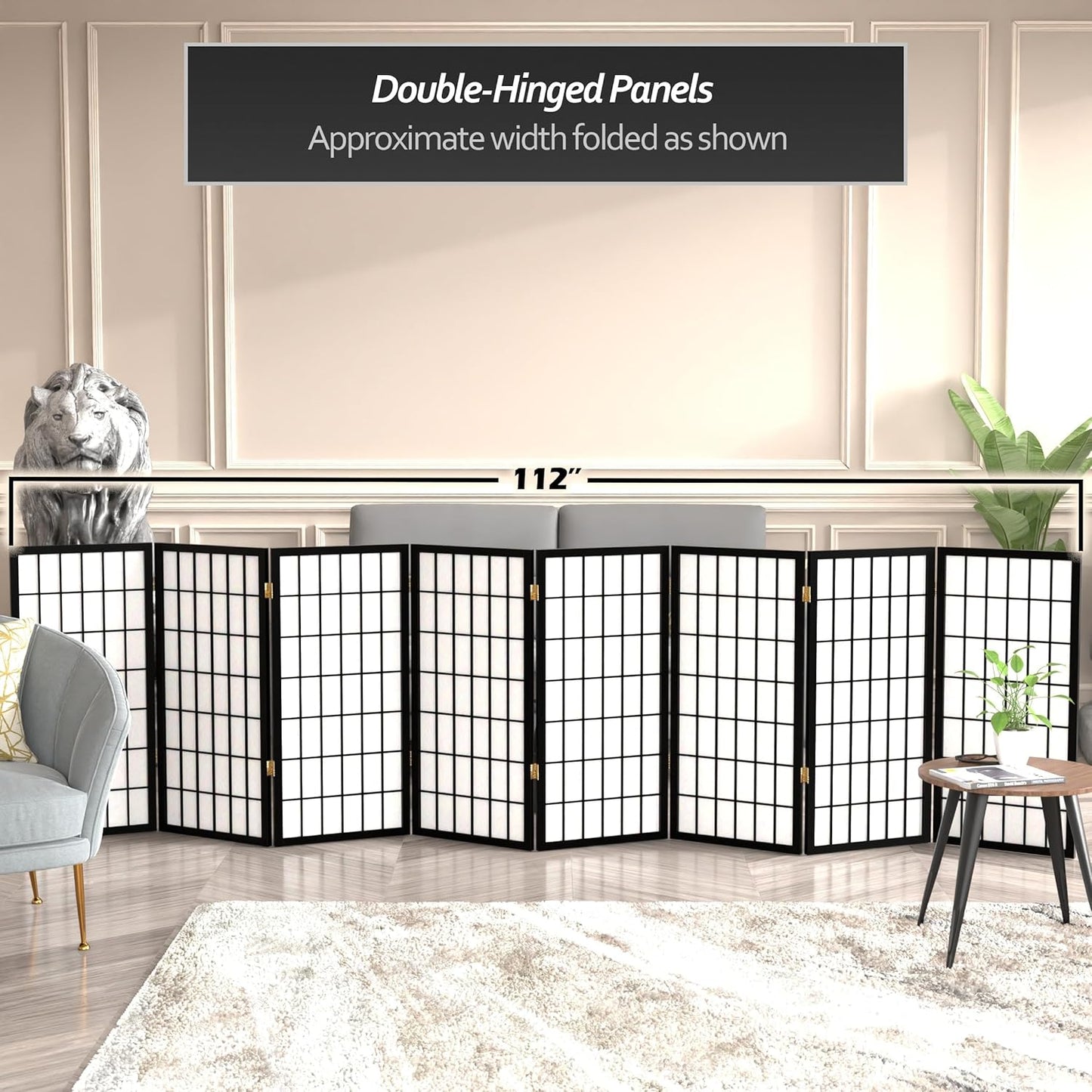 3 ft. Short Window Pane Shoji Screen - Black - 8 Panels
