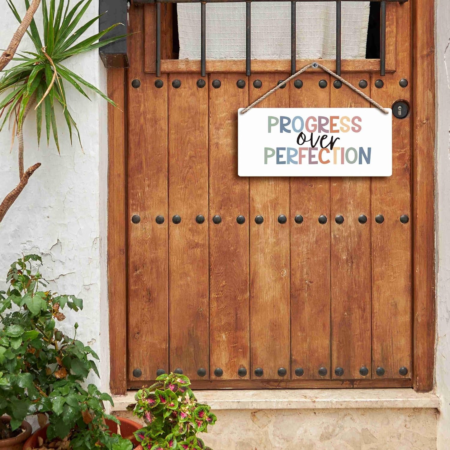 FUGWN Inspirational Progress Over Perfection Hanging Wooden Signs 12x6, Motivational Mental Health Wall Decor for Classroom Kids Room Playroom, Mental Health Home Decor Gifts for Kids Boys Girls