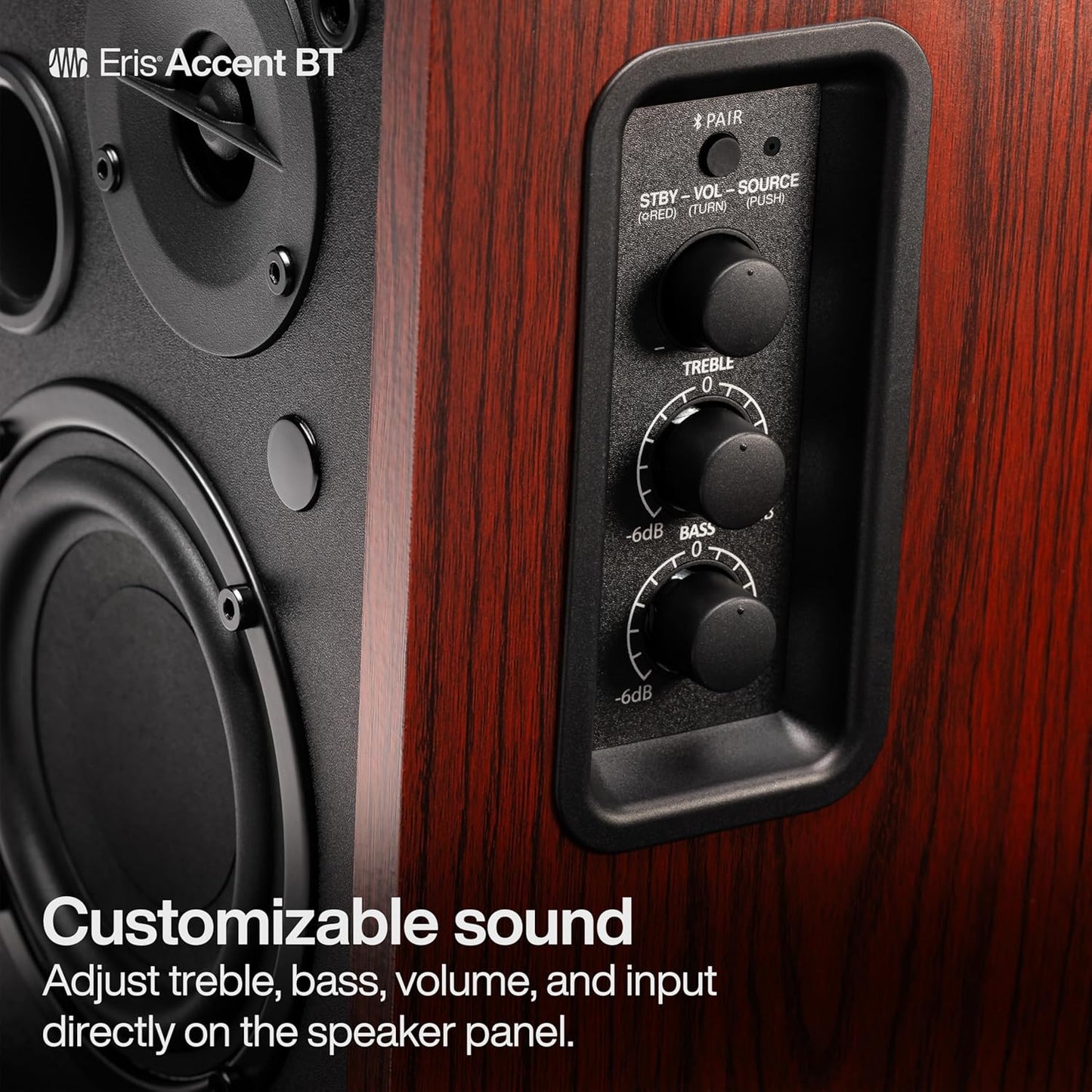 PreSonus Eris Accent BT 60W Powered Bookshelf Bluetooth Speakers – Studio Monitors for Turntable, Home, 4" Woofer, Silk Tweeter, USB-C, Optical, RCA, Coax, Remote, Sub Out, Wired Option, Wood Grain