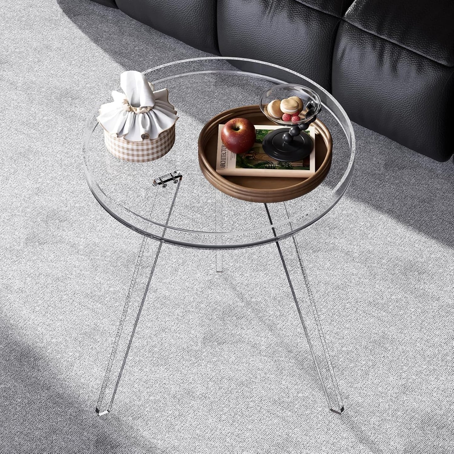 Clear Acrylic Side Table, Round End Table Nightstand Bedside Table Small Circle with Tray for Living Room Bedroom Office Small Space (Clear)