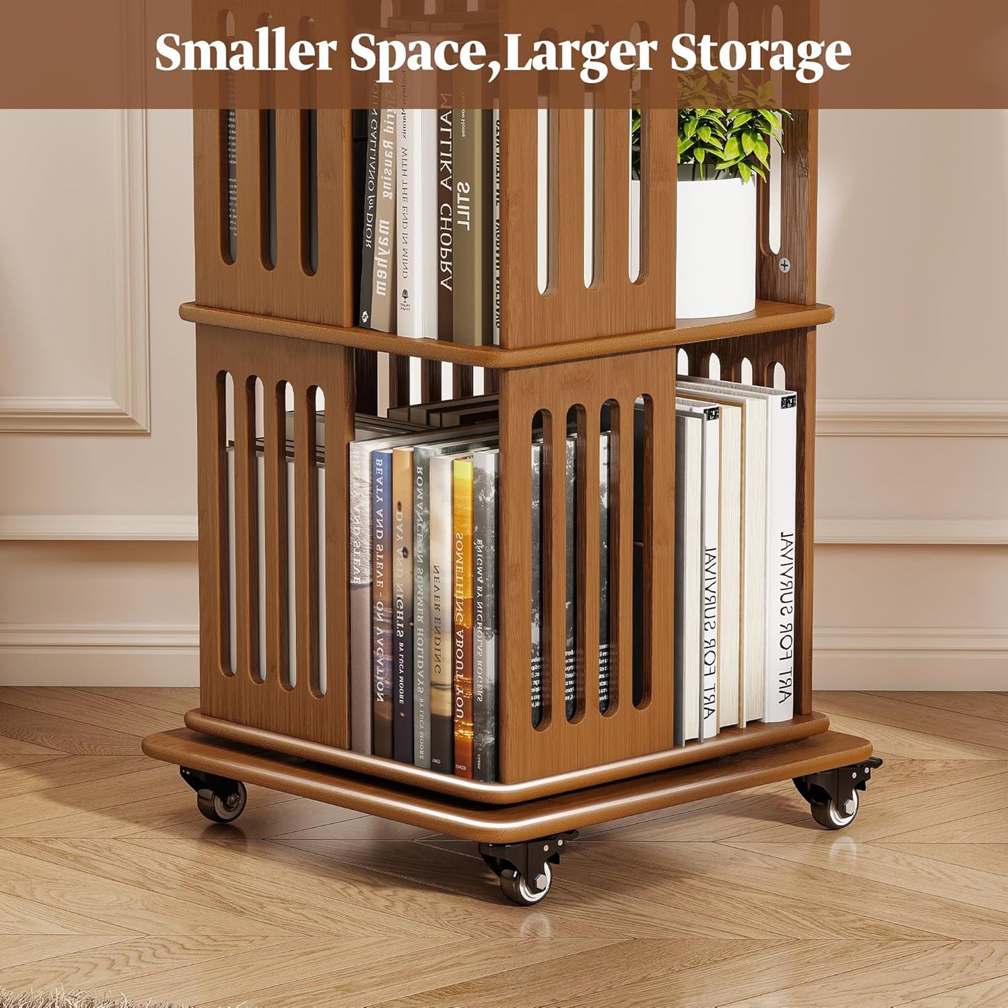 6 Tier Rotating Bookshelf Tower on Wheels, Wood Spinning Bookcase, Bamboo Revolving Book Shelf, Narrow Bookshelves for Small Space, Corner, Bedroom, and Living Room - Walnut