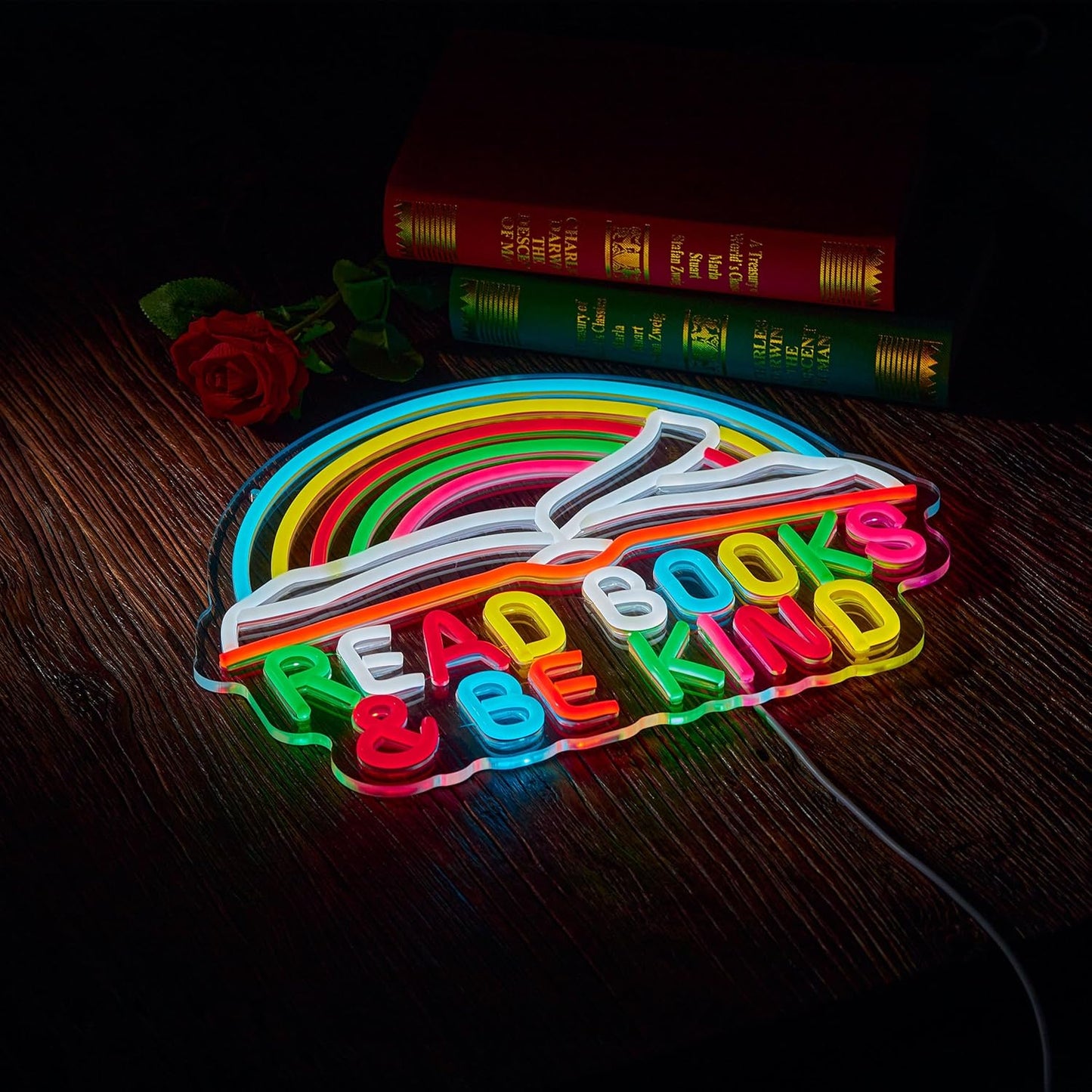 Read Books Neon Sign Read Books and Be Kind Neon Signs for Wall Décor Dimmable Colorful Rainbow Light Classroom Reading Room Bookstore Bookish Decor Compatible with Timer