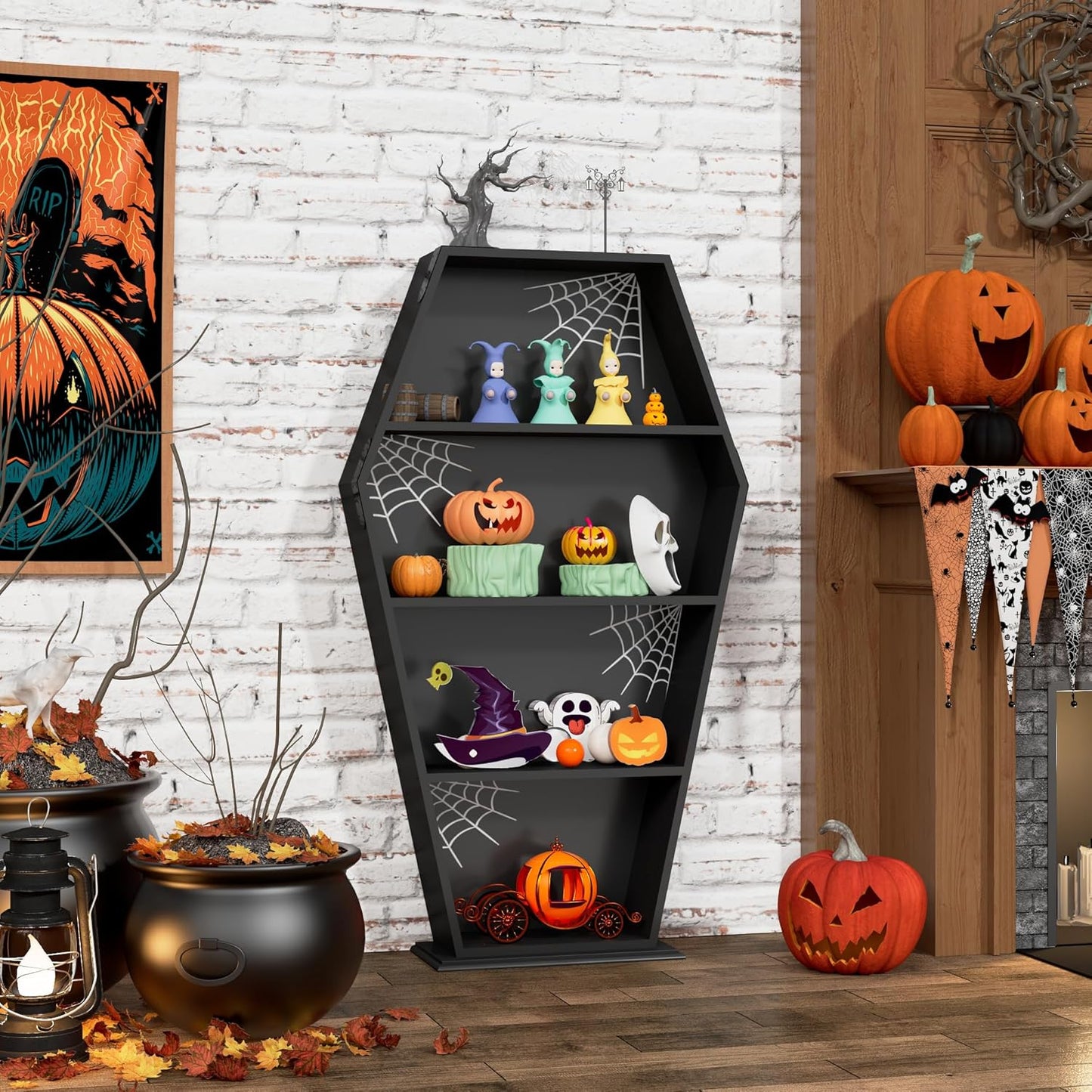 Halloween Goth Coffin Bookshelf 48''H - Wood Tall Coffin Shelf with Spider Web Gothic Decor, Black Spooky Curio Shelf for Home Decor