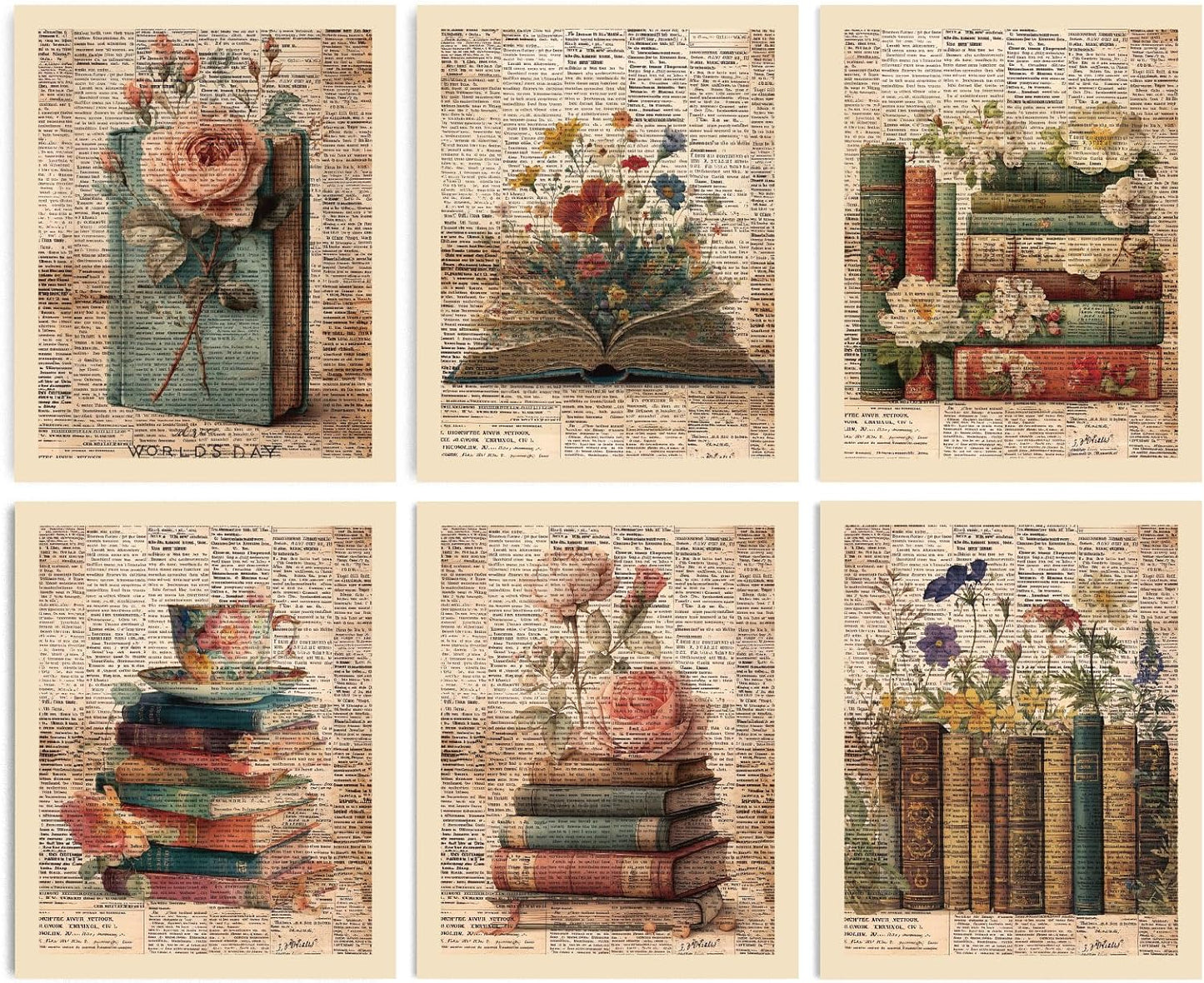 INFUNLY 6 Set Vintage Book Flower Wall Art Print 8x10Inch Retro Floral Poster Pictures Text Background Canvas Wall Art Unframed Academia Aesthetic Pictures Prints for Bedroom Office Study Room Decor