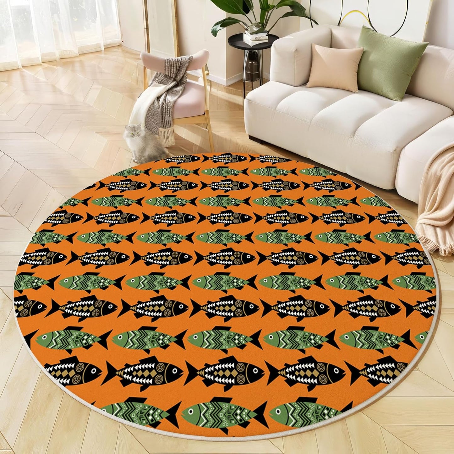 6Ft Round Washable Rug - Large Area Rug for Living Room Dining Room, Orange Soft Bedroom Carpet with Tribal-Style Fish Poster Pattern, Geometric Animals Décor, Low Pile Stain Resistant