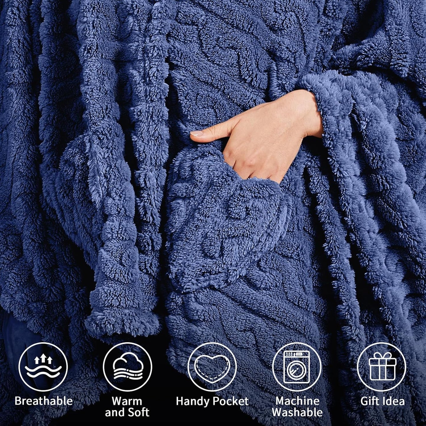 Wearable Blanket Poncho Cape Wrap for Adult, Cozy Sherpa Fleece Pocketed Shawl TV Throw Blankets for Office and Lounge(Dust Blue,58'' x 64'')