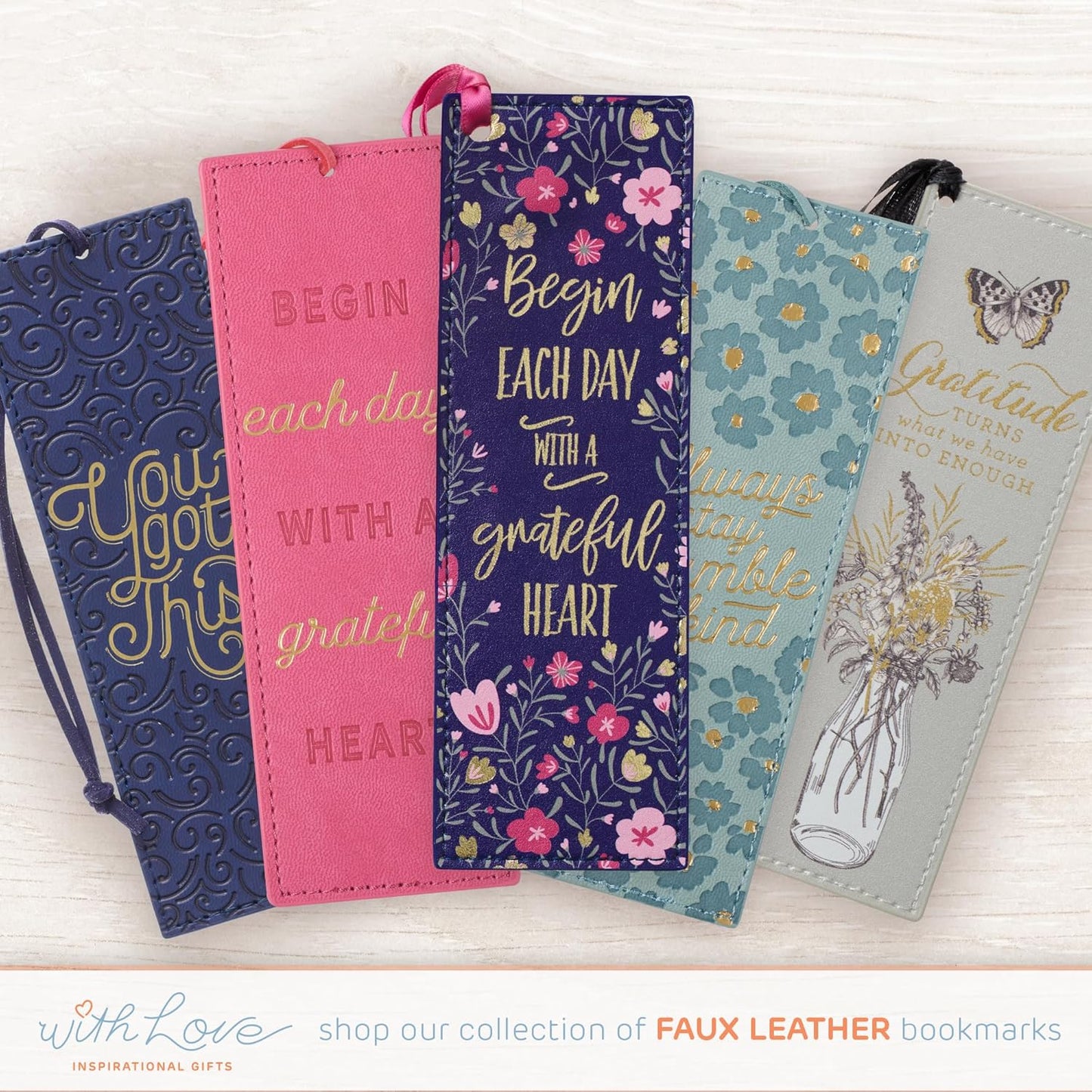 With Love Pink/Blue Faux Leather Bookmark for Women, Begin Each Day with A Grateful Heart Floral Debossed Design w/Gold Accents/Ribbon Tassel, Inspirational Encouraging Book Accessory for Booklovers