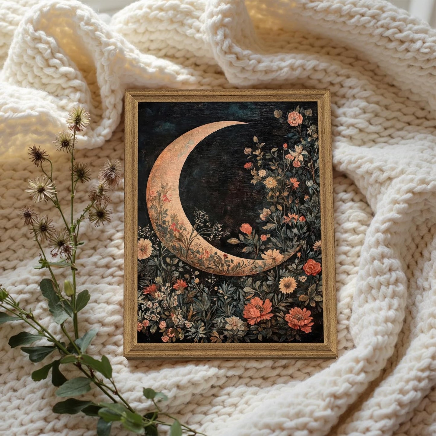 Palette Dreams Wood Framed Crescent Moon Wall Art with Vintage Floral Design, Wall Decor Art Print, Fade Resistant Canvas, Easy to Hang, for Bedroom Living Room Home Office Decor, 12x16 Inches