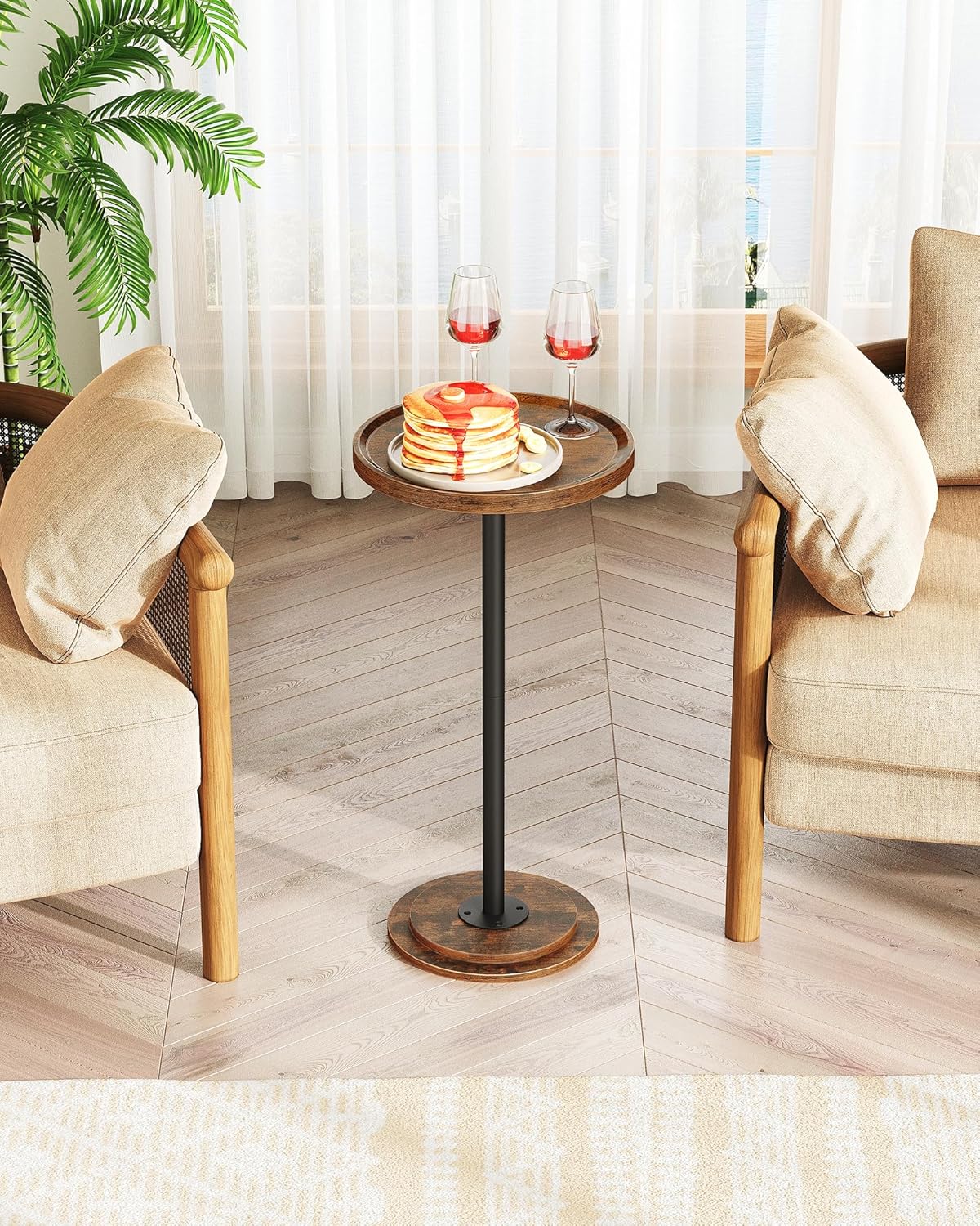 Drink Table, Small Round Side Table for Small Spaces, Thickened Base End Table, for Living Room, Bedroom, Rustic Brown and Black TBZ30BF