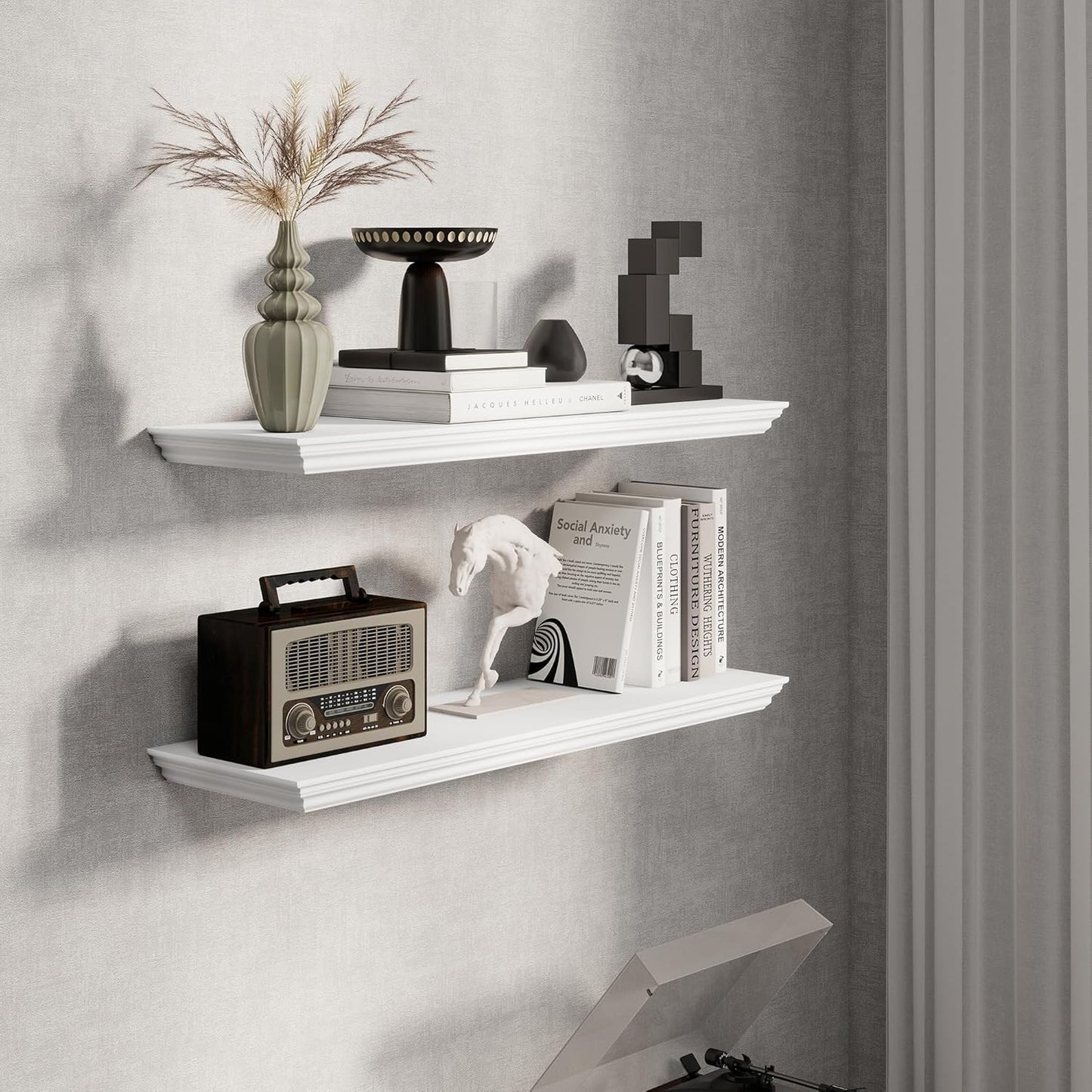 Fun Memories Floating Shelves 32 Inch Long, 9.3 Inch Deep Classic Crown Molding Floating Shelves for Wall, Rustic Wooden Shelves for Wall Decor Bathroom, Kitchen, Office, (White, 2Pack)