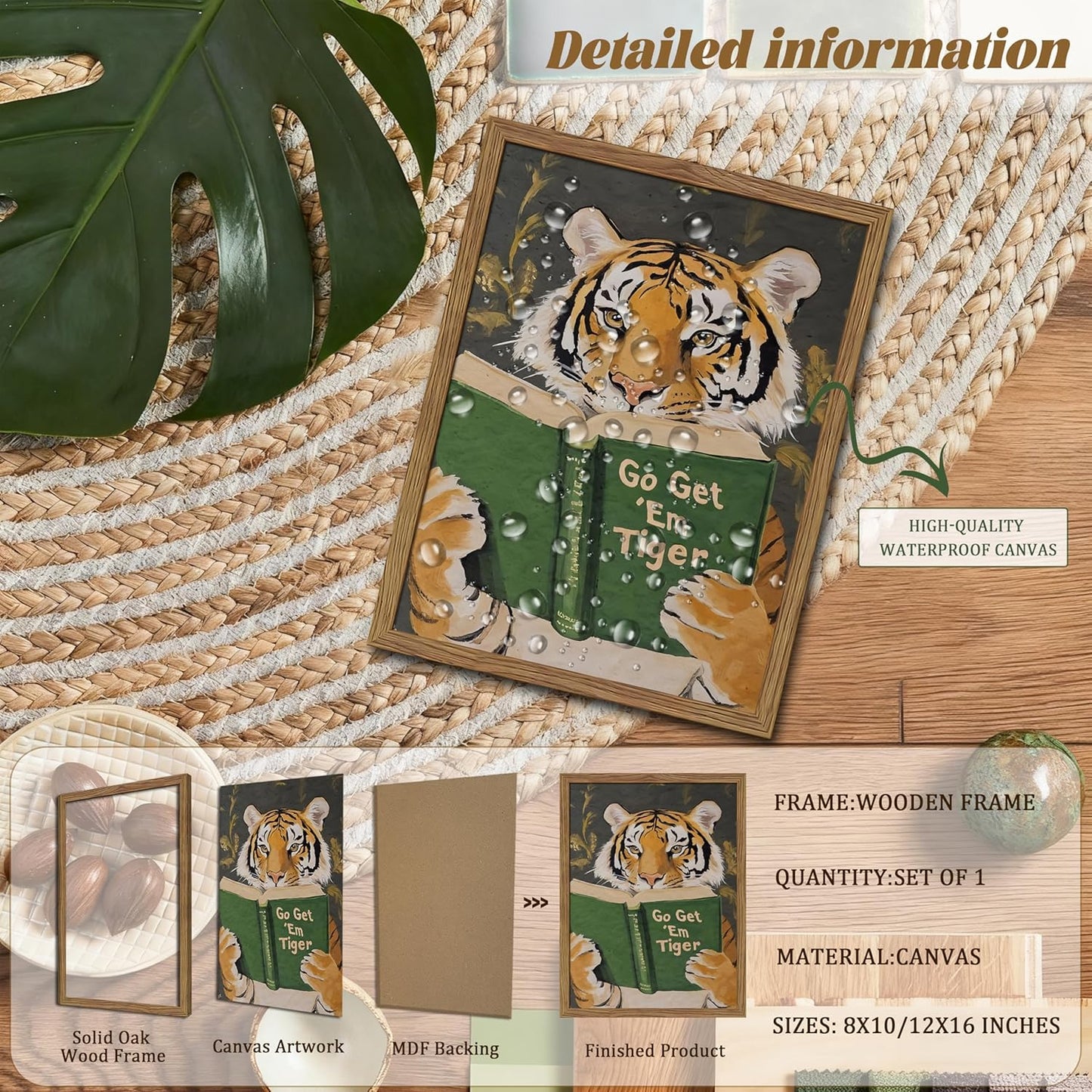 Framed Tiger Canvas Wall Art, Motivational Tigers Reading Poster Print, Humorous Bookworm Pictures Wall Decor, Vintage Go Get Em Tiger Painting for Office Library Bedroom Decor 12x16 inch