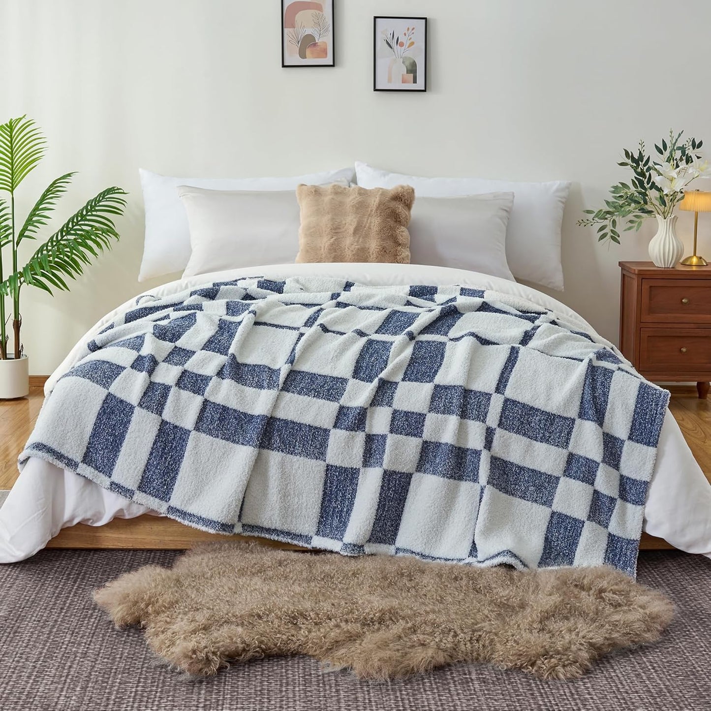 Winter Plaid Throw Blanket Fluffy Fuzzy Soft Lightweight Cozy Farmhouse Tassels Checkered Knitted Throws for Couch Sofa Bed (Navy Blue, 60"x80")