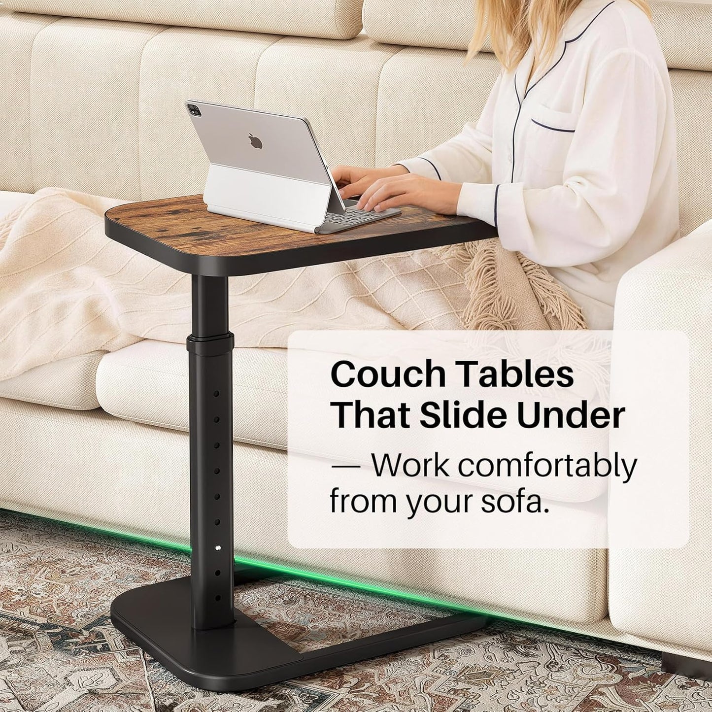 Kitstorack Adjustable Height C-Shaped End Table, 9-Level Side Table with Metal Rounded Edge, Couch Table that Slides Under Sofa or Bed for Eating, Working, and Drinks, TV Tray for Small Spaces, Brown
