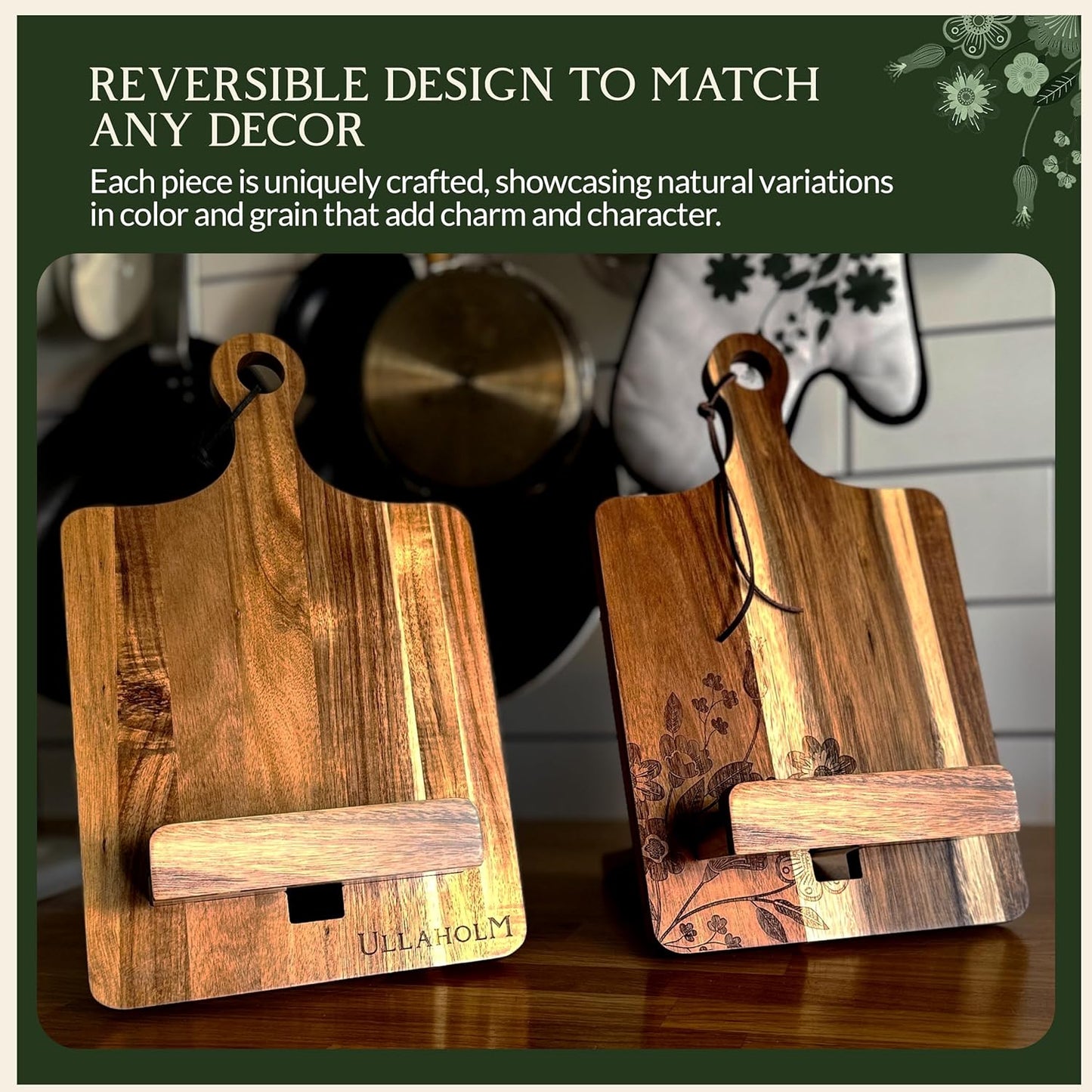 Wood Cookbook Stand for Kitchen Counter - Reversible Acacia Wooden Recipe Book Holder Stand - Cooking Measurement Conversion Card - Gift-Ready Adjustable Tablet Cook Book Holder - Charging Cable Slot