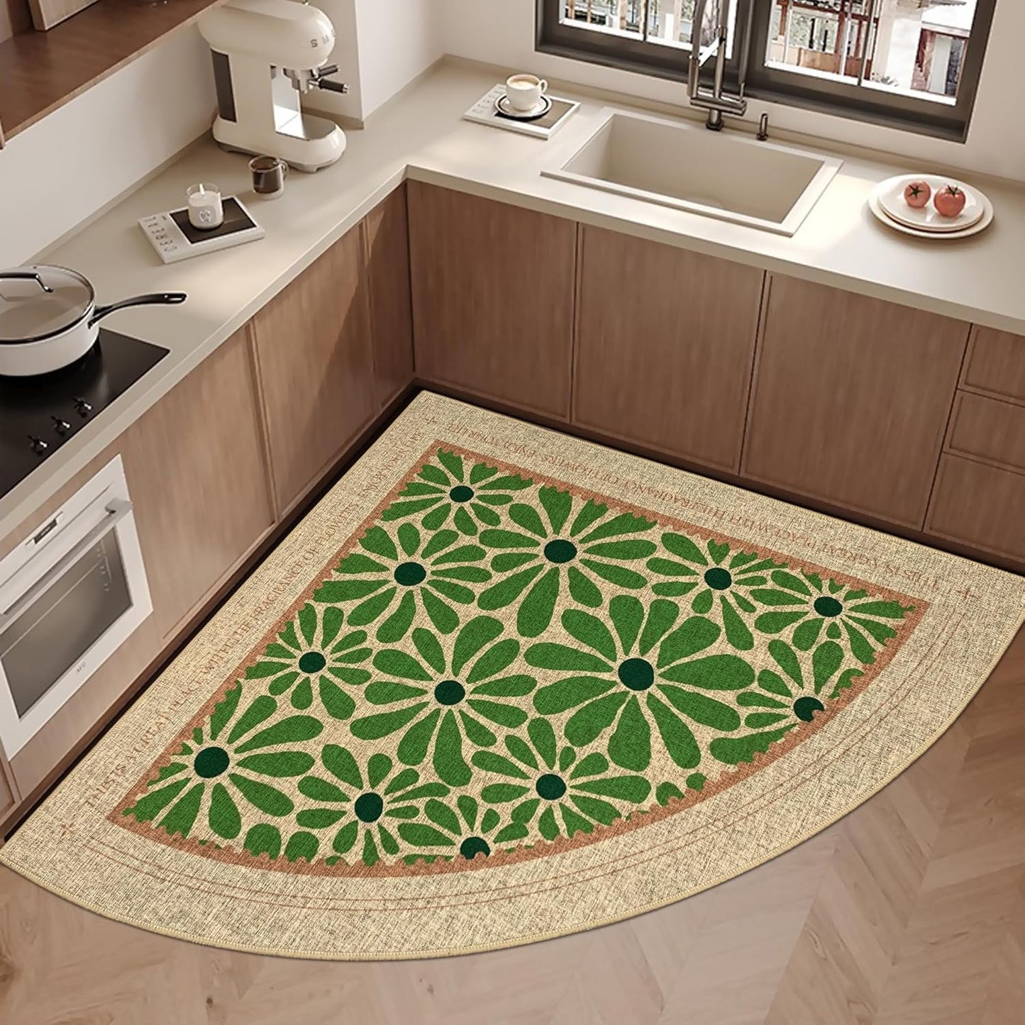 SHIYUE Triangle Corner Rug Kitchen Rugs Washable Non Slip Area Rug Water, Comfort Soft Rubber Standing Sink Mat Bathroom and Bedroom Laundry Mat(32in Green Flower)