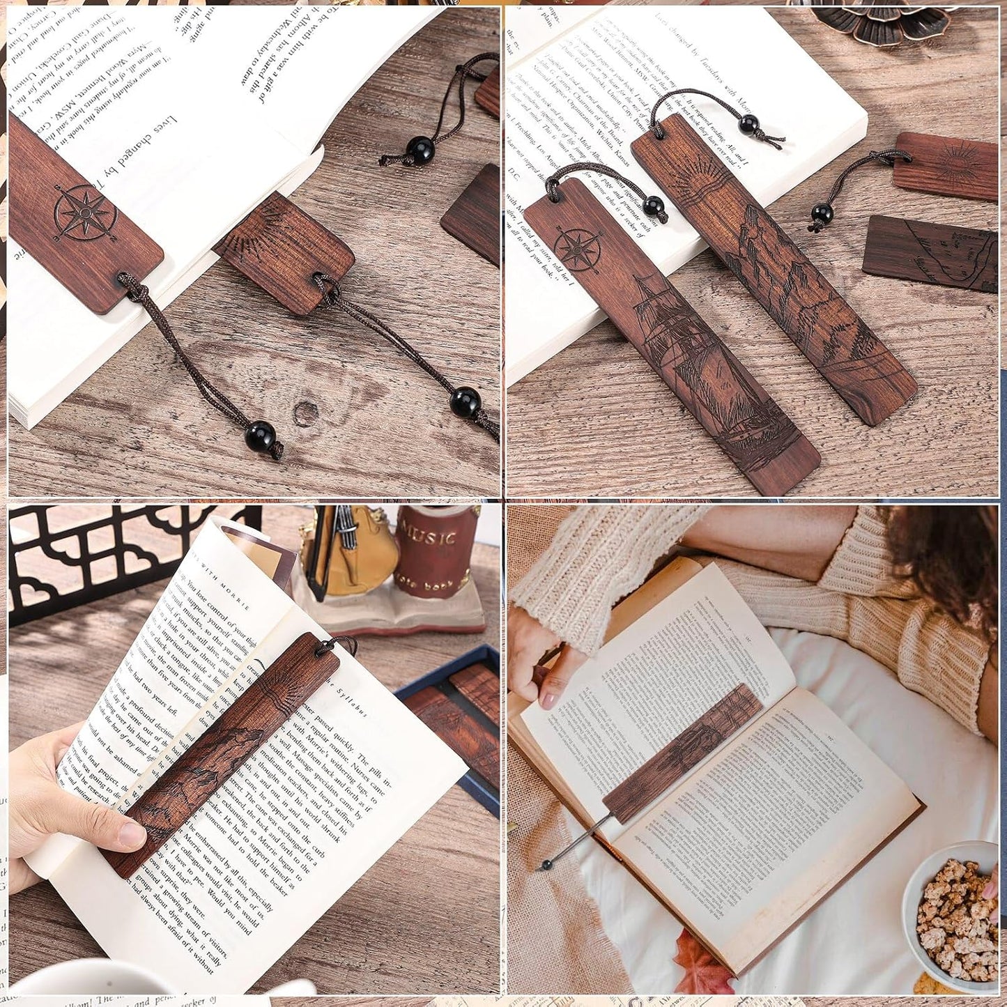 4Pcs Wood Bookmark for Men Easter Gifts, Adventure Wooden Carving Book Mark Vintage Bookmark for Men Book Lovers Birthday Present Students Teachers Appreciation