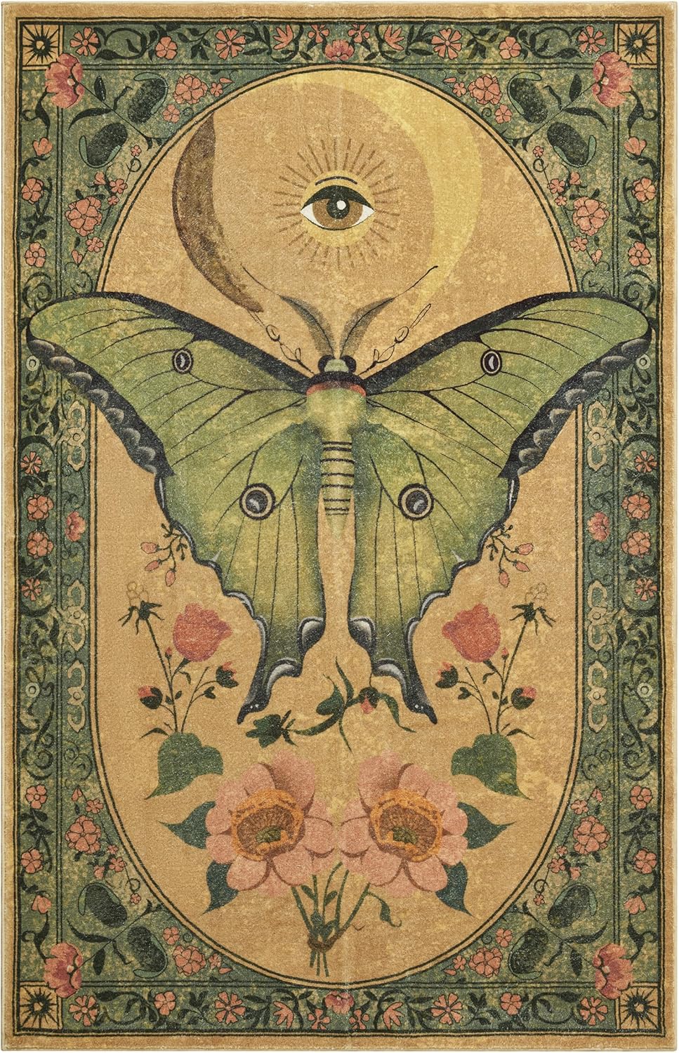 RoomTalks Country Floral Entryway Rug Non Slip Washable Luna Moth 5x7 Indoor Area Rug, Vintage Abstract Cute Aesthetic Cottagecore Accent Rug Carpet for Bedroom Dining Living Room Dorm Kitchen
