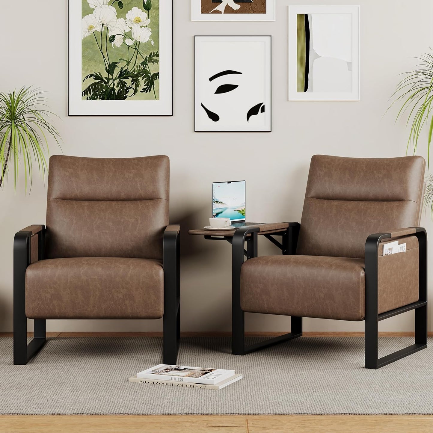 Upholstered Living Room Chair Armchair, Mid Century Faux Leather Metal Accent Chair, Reception Couch Office Guest Chair Slipper Club Lounge Single Sofa with Sidetable for Bedroom-Brown