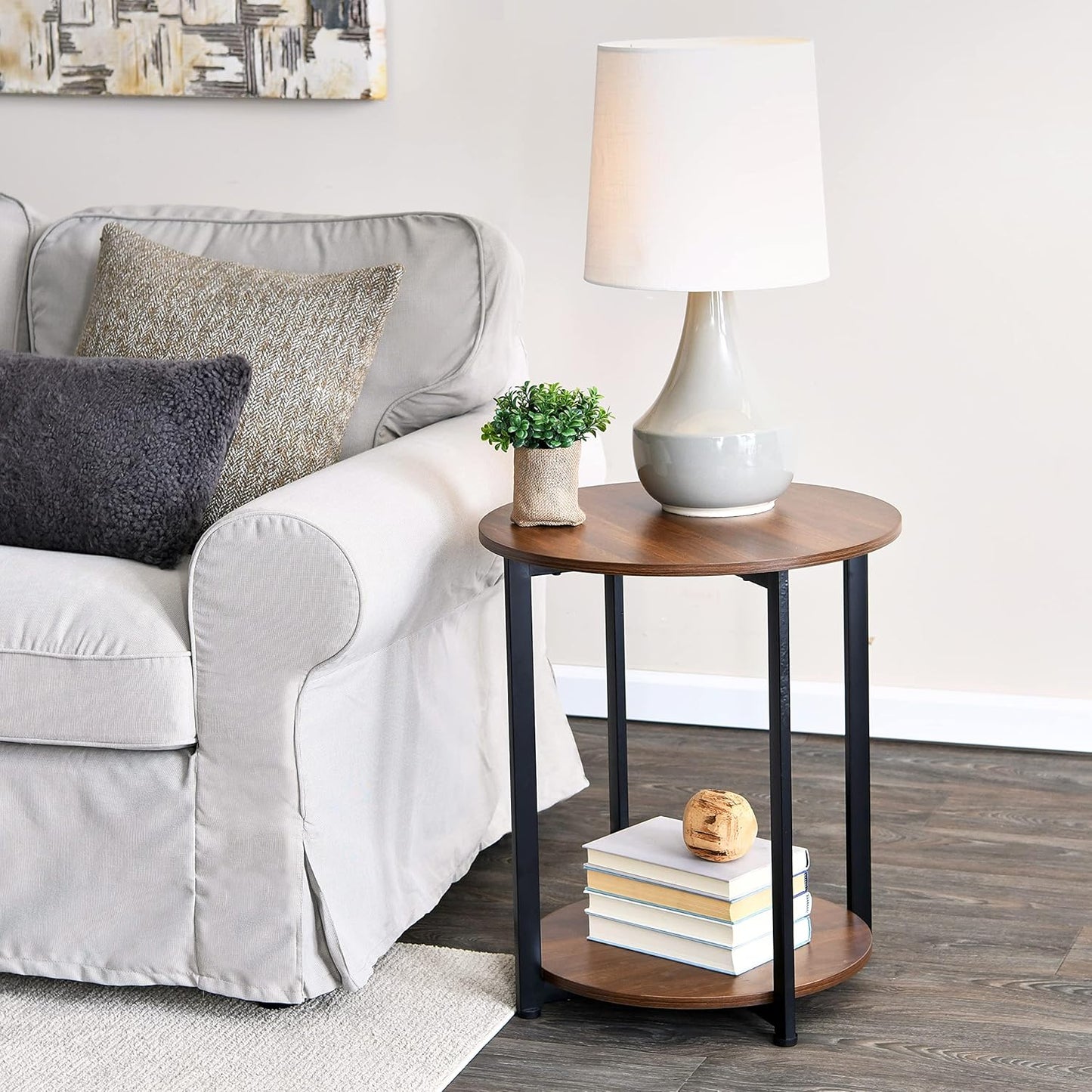 Household Essentials Jamestown Round Side End Table with Storage Shelf Mid Century Walnut Wood Grain and Black Metal