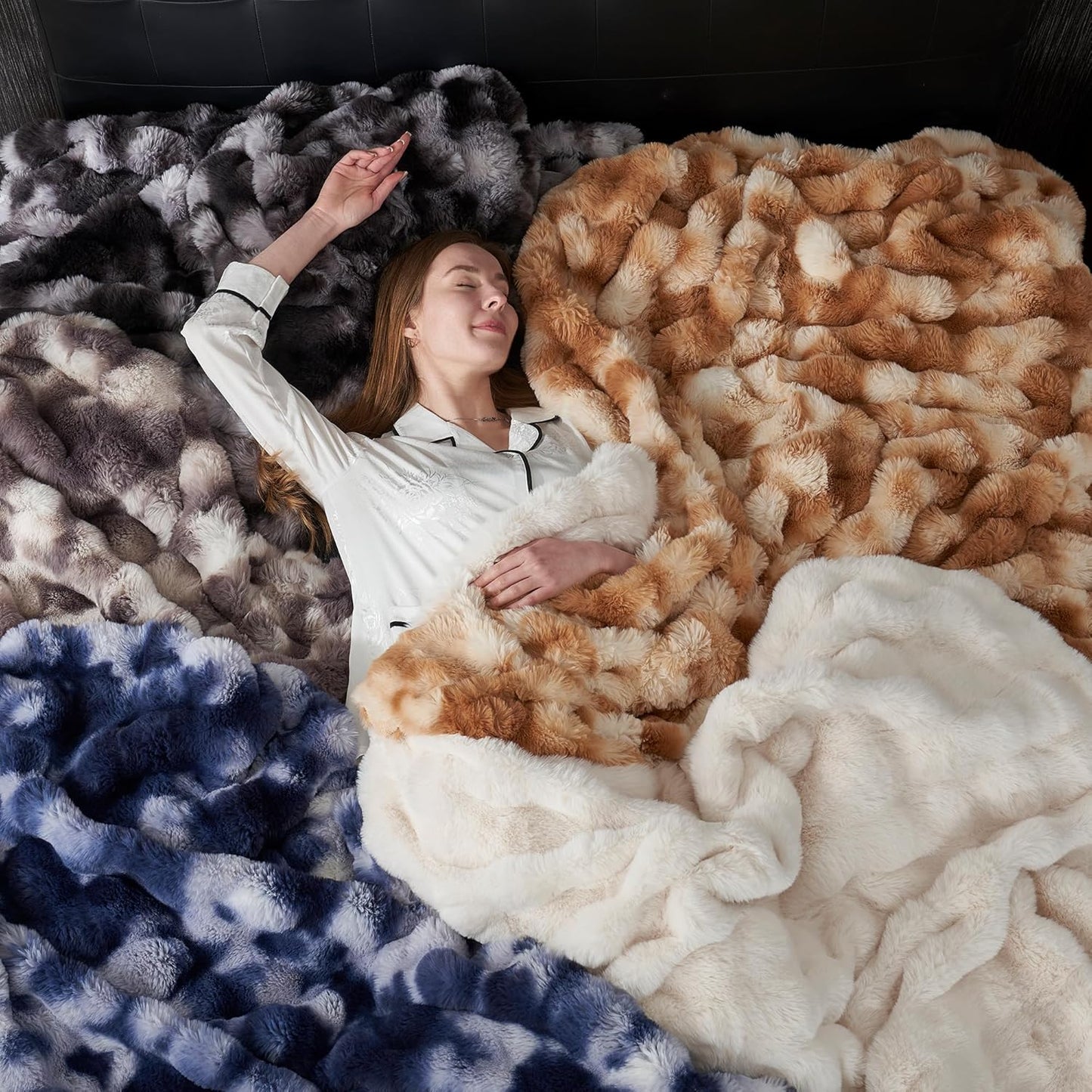 Amélie Home Faux Fur Throw Blanket for Bed, Ultra Soft Fuzzy Plush Bubble Blanket for Bedroom & Bed Decor, 108"x90", Cream White