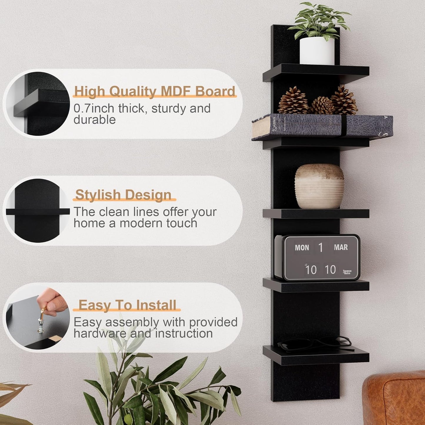 Fun Memories 5 Tier Wall Shelf Unit, Decorative Wall Mount Vertical Shelving, Floating Storage Home Decor Organizer Tall Tower Design Utility Shelving Bedroom Living Room, Black