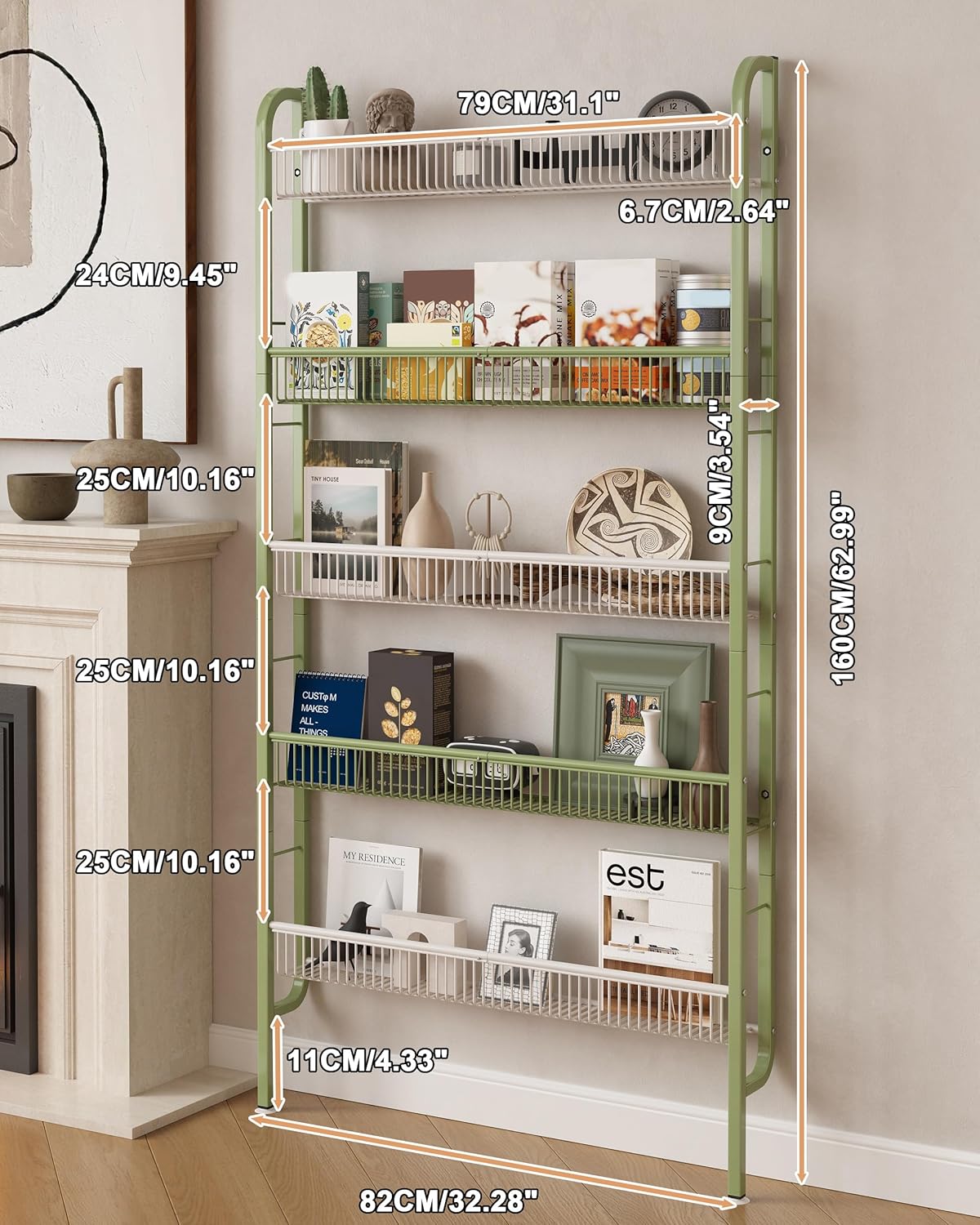 UMDONX Behind The Door Bathroom Shelf Narrow 5-Tier, Space-Saving Slim Storage Shelf Narrow Shelving Unit for Bathroom and Kitchen White+Green