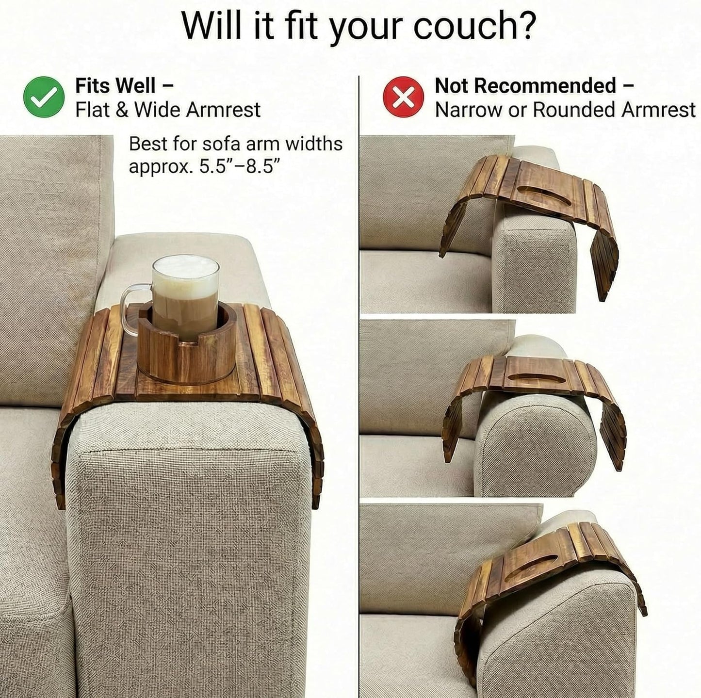 Acacia Couch Arm Tray for Drinks and Snacks with Detachable Cup Holder, Anti Slip Base and Foldable Design, Wooden Sofa Arm Tray for Convenient Couch Side Use