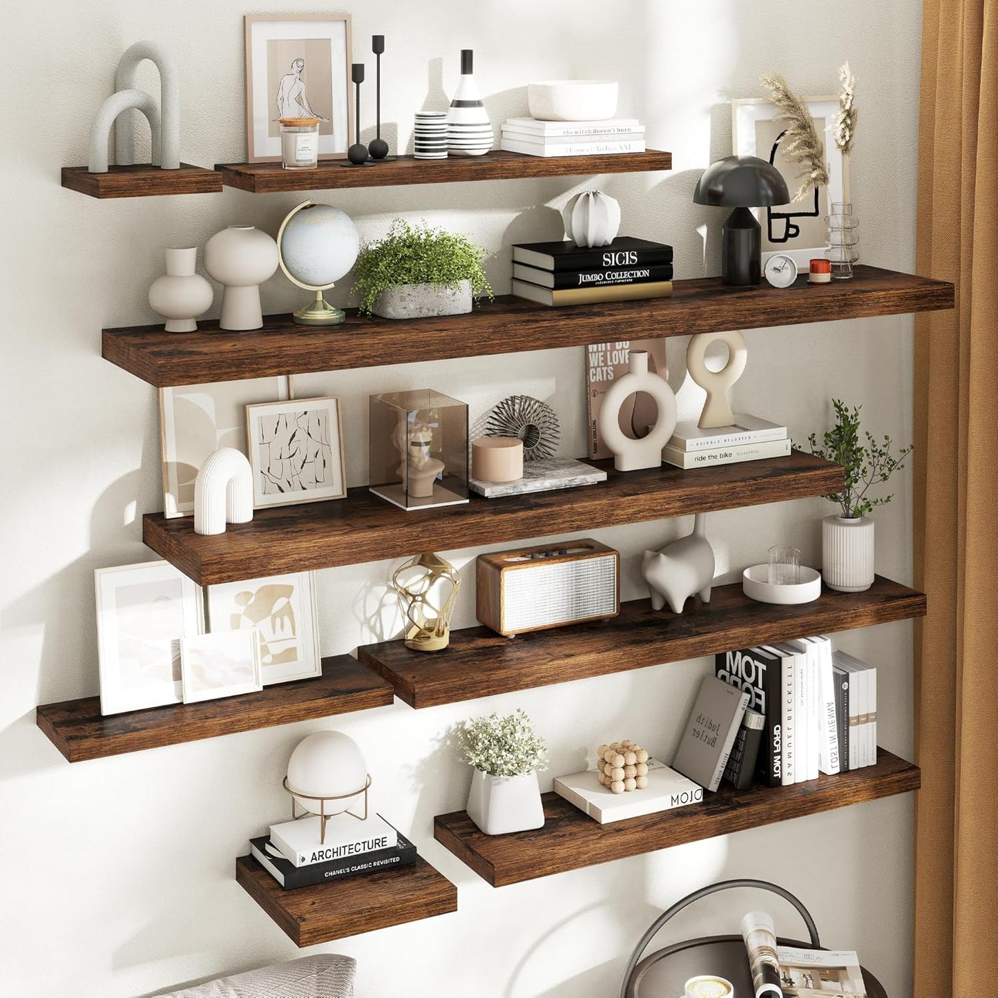 Floating Shelves for Wall with Invisible Brackets, Wall Mounted Engineered Wood Shelves with Wood Grain for Living Room, Bathroom, Kitchen Decor and Storage, Oak, 48"L Set of 2, Rustic Brown