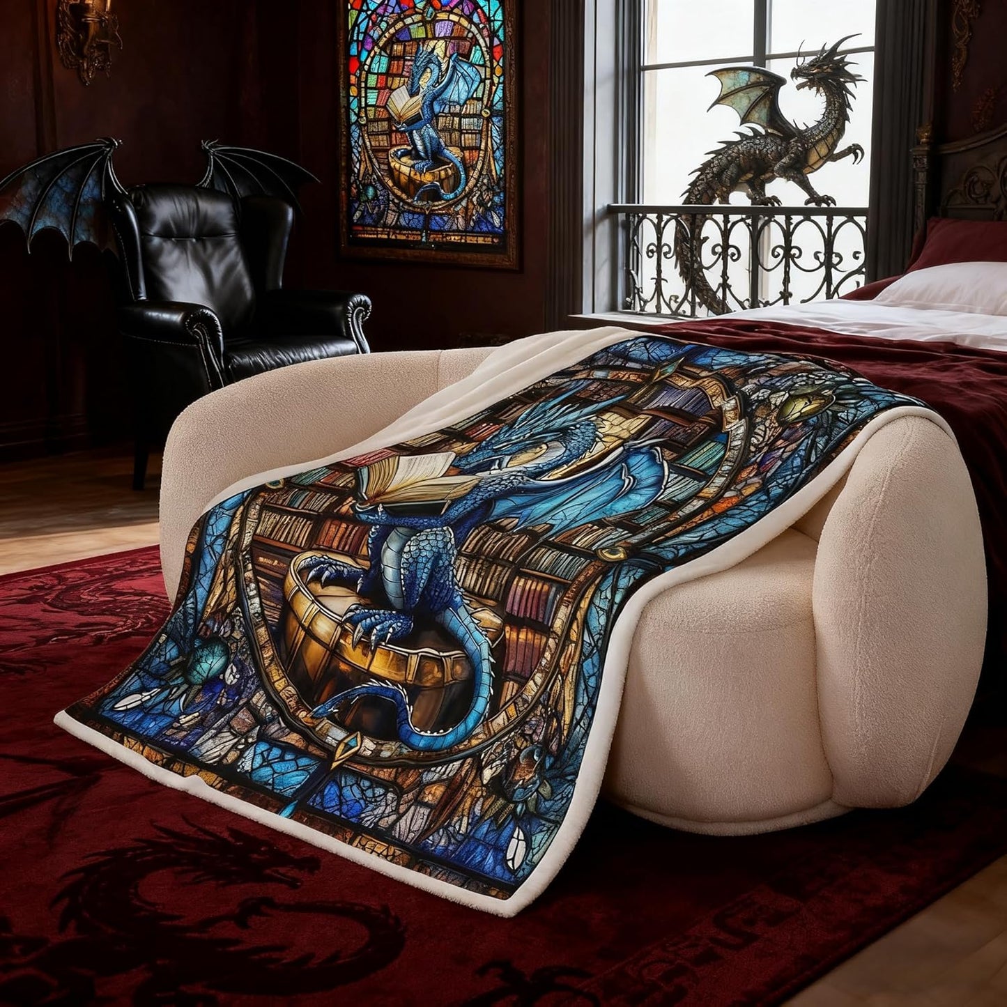 Manfei Western Dragon Kids Throw Blanket,Blue Dragon Reading Book Bookshelf Bed Blanket for Boys Girls,Geometric Patchwork Abstract Fleece Blanket,Trippy Chic Fuzzy Blanket,Twin Size (60 x 80 Inches)