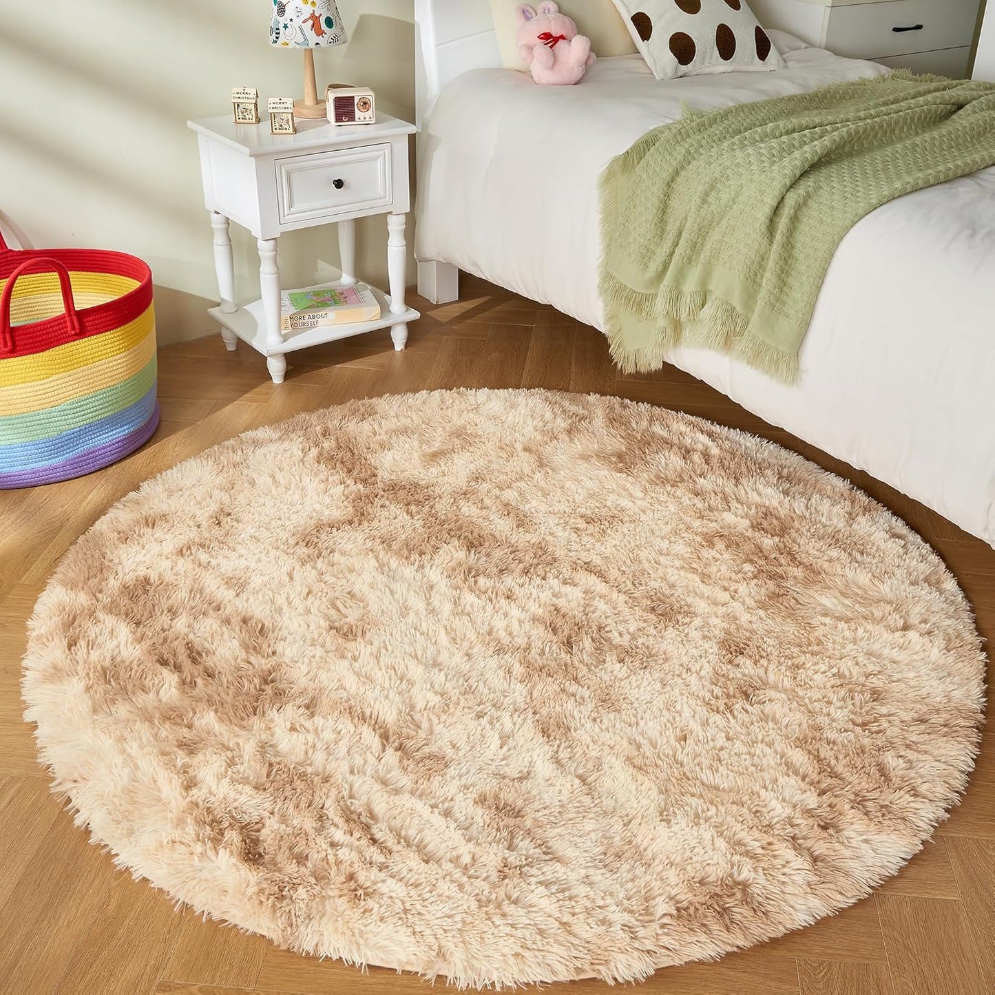 Andency Tie-Dyed Beige Round Area Rug for Living Room, 4x4 Shag Rug for Bedroom, Fluffy Circle Carpet for Home Decor, Room, Fuzzy Plush Circular Rug for Dorm Playroom