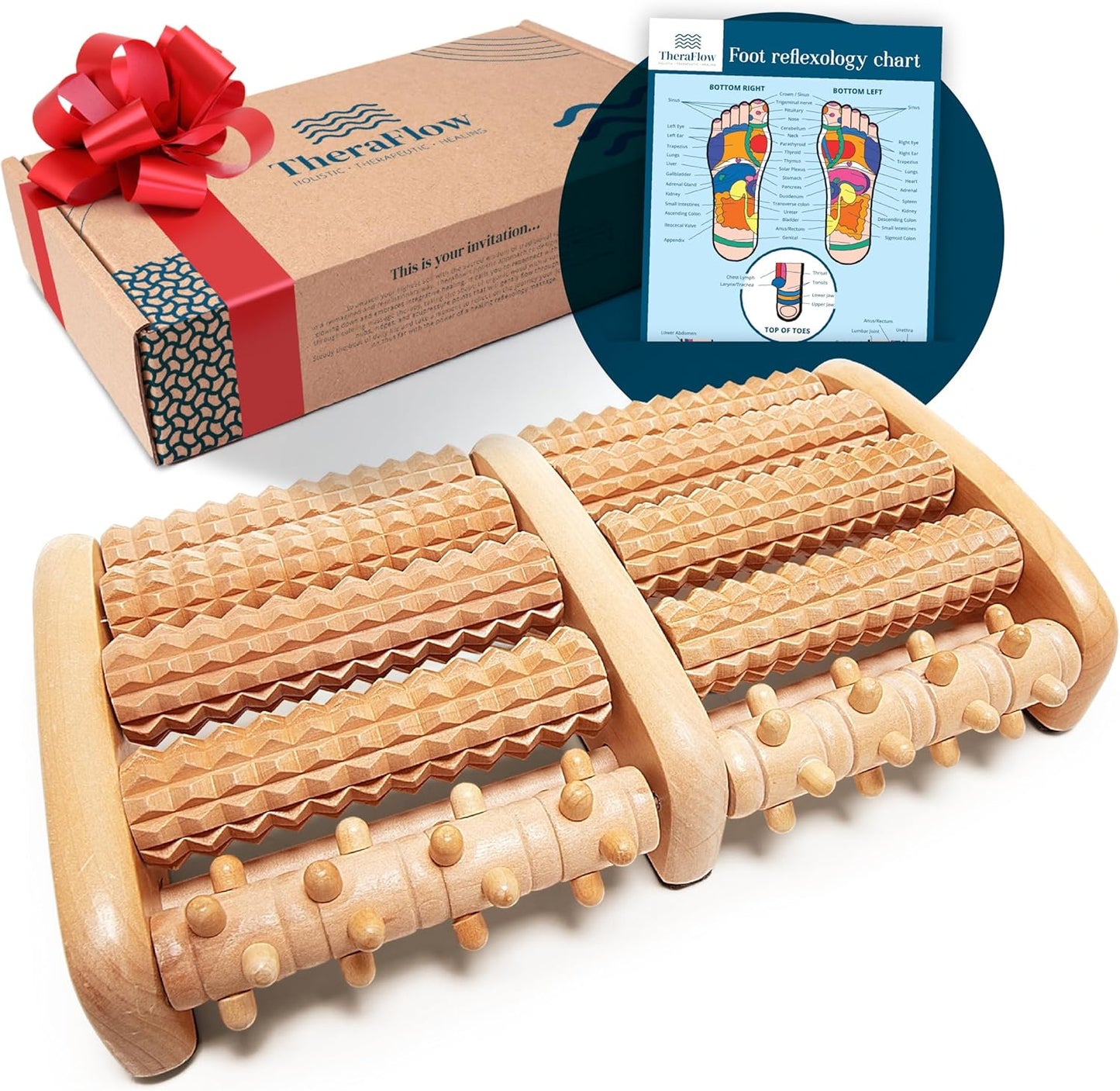 TheraFlow Foot Massager for Neuropathy & Plantar Fasciitis Relief - Mom Gifts for Women & Gifts for Dad, Wooden Foot Roller Massager, Neuropathy Pain Relief for Feet (Includes Reflexology Chart)