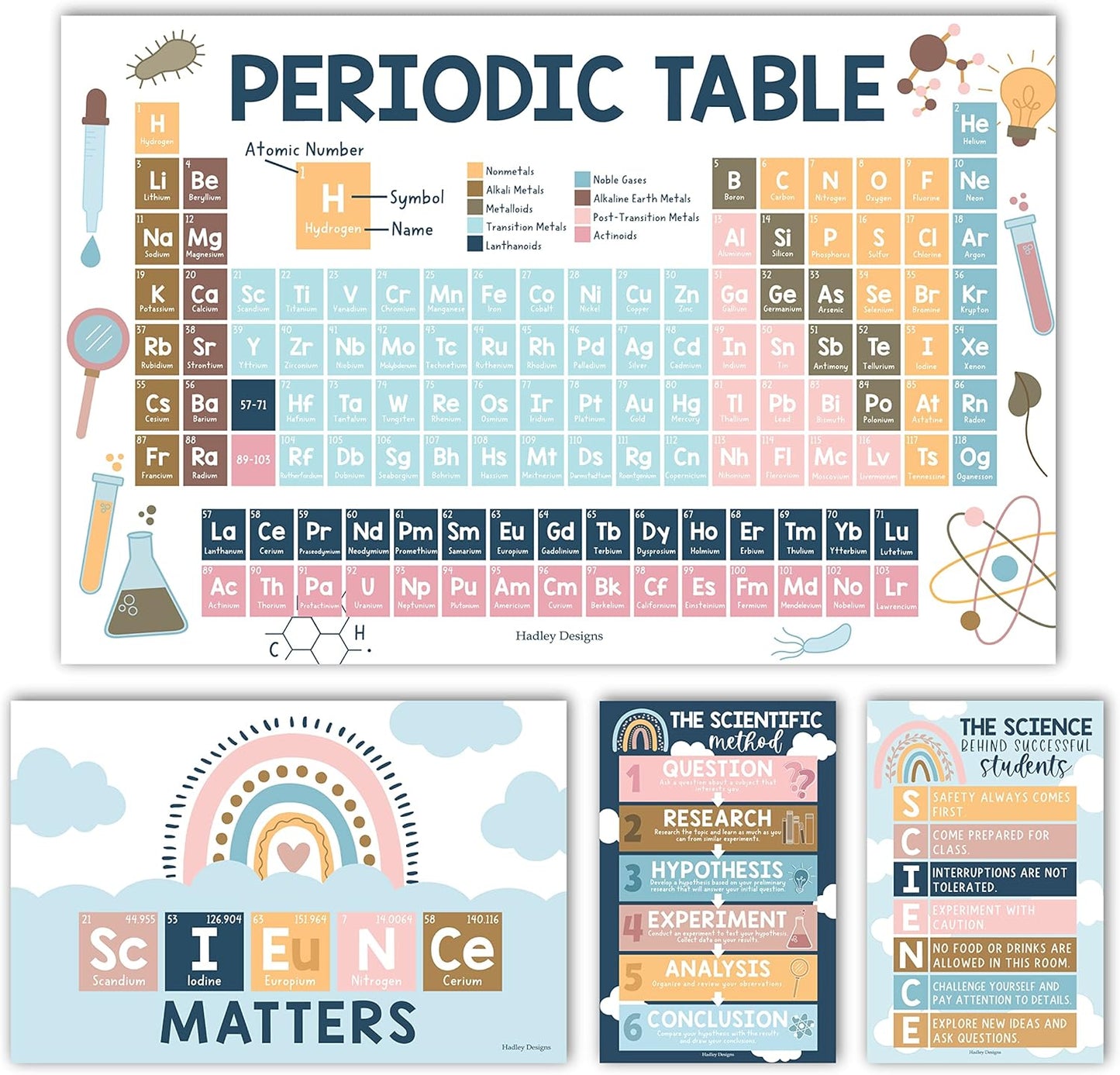 Hadley Designs Science Posters for Classroom Middle School – 4-Pack Periodic Table Poster, Scientific Method Poster & Science Classroom Decor, 11x17 Laminated for Elementary & Homeschool - Boho Theme