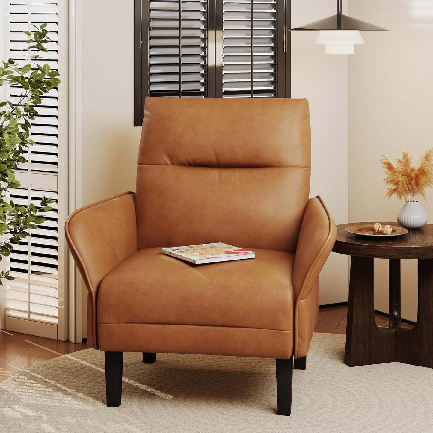Aklaus Morden Accent Chair with PU Leather Armrest,Upholstered Chairs Lounge Faux Leather Reading Chairs Side Sitting Farmhouse Mid Century Chair for Living Room, Bedroom, Balcony Brown