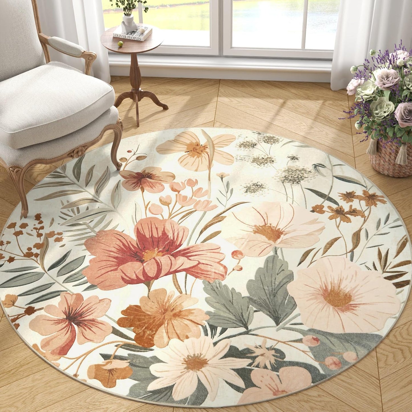 jinchan Renouveau Floral Round Rug 4ft Area Rug Indoor Circle 4' Round Washable Modern Oriental Flower Print Non Slip Carpet for Living Room Dining Room Bedroom Entryway Office Decor Pink/Grey