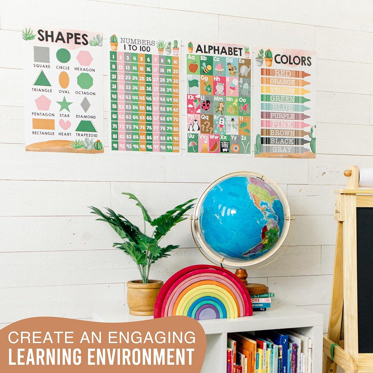 Hadley Designs ABC Posters For Classroom Wall - Shapes, 1-100 Number Chart, Color & Alphabet Learning Posters For Toddlers 1-3, PreK, Kindergarten & Homeschool, Laminated Cactus Classroom Poster